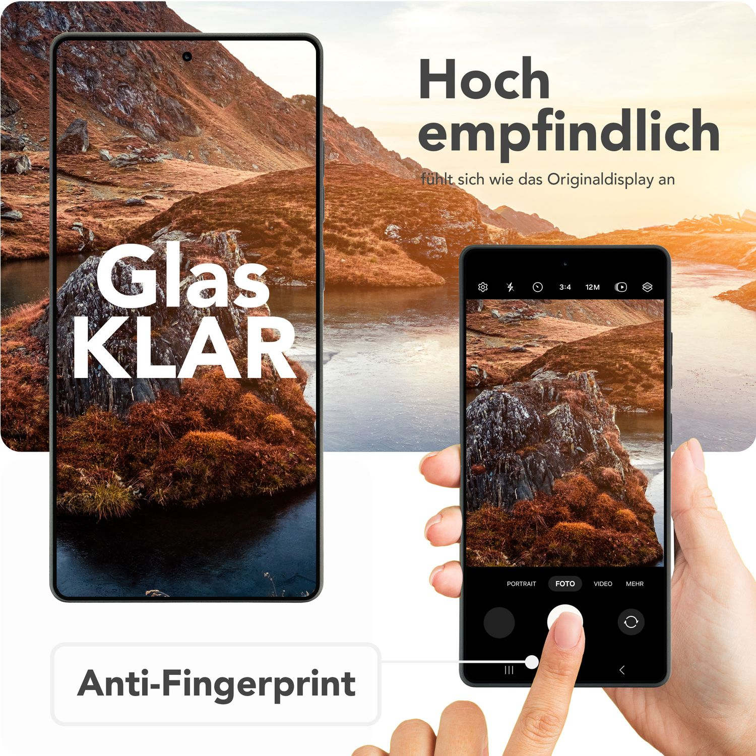 Une personne tient un téléphone affichant un paysage. La scène montre des montagnes et de l'eau. Le texte dit 'Glas Klar' et 'Anti-Fingerprint'.