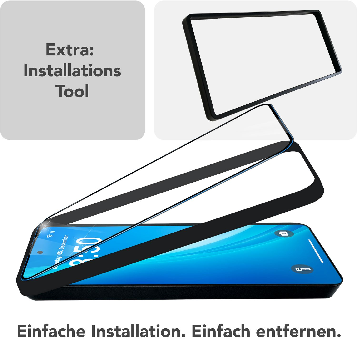 Un smartphone avec un protecteur d'écran est en cours d'installation. Un cadre est placé sur l'écran. Le fond est blanc.
