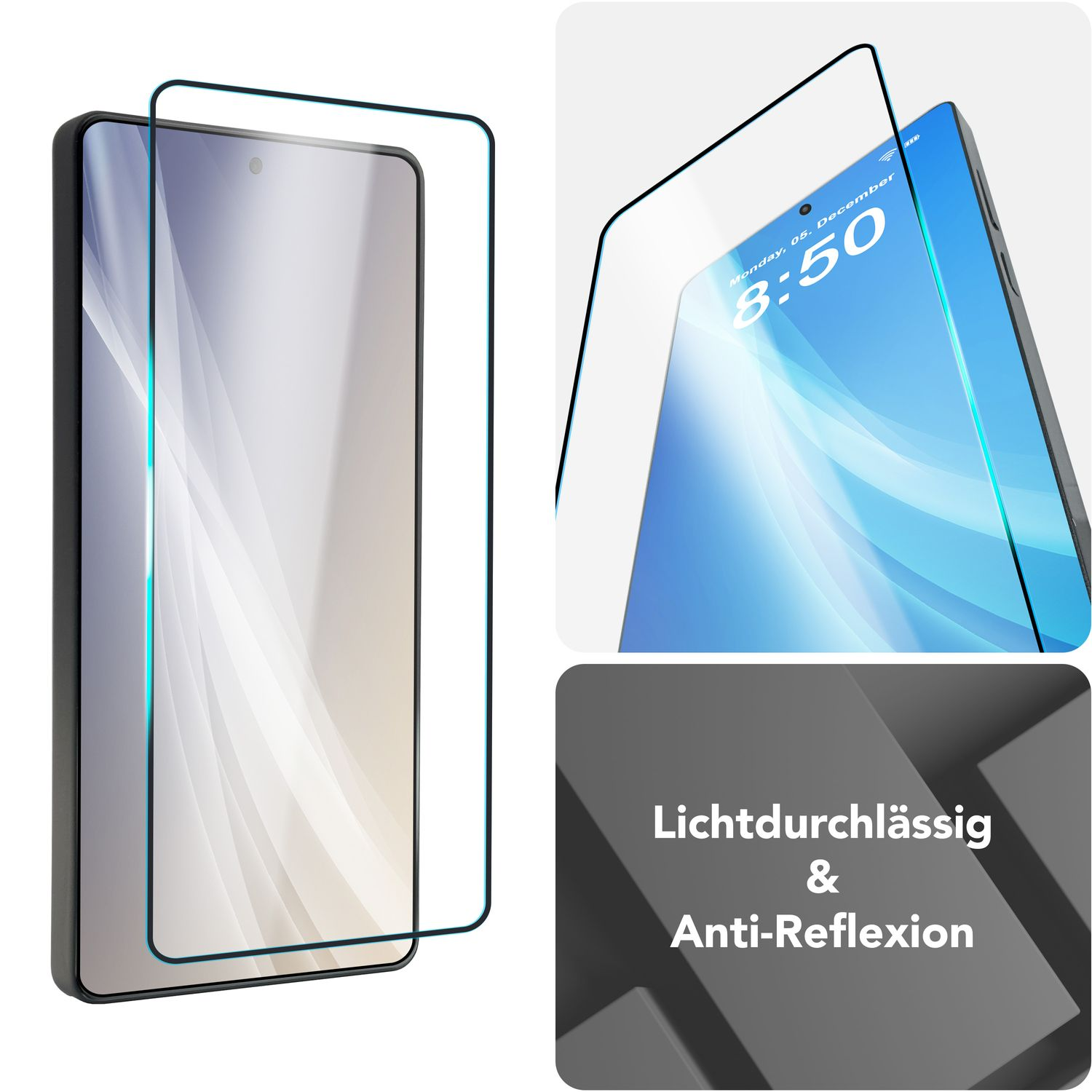 Un smartphone avec un protecteur d'écran est affiché. L'écran affiche l'heure et la date. Le texte 'Lichtdurchlässig & Anti-Reflexion' est également affiché.