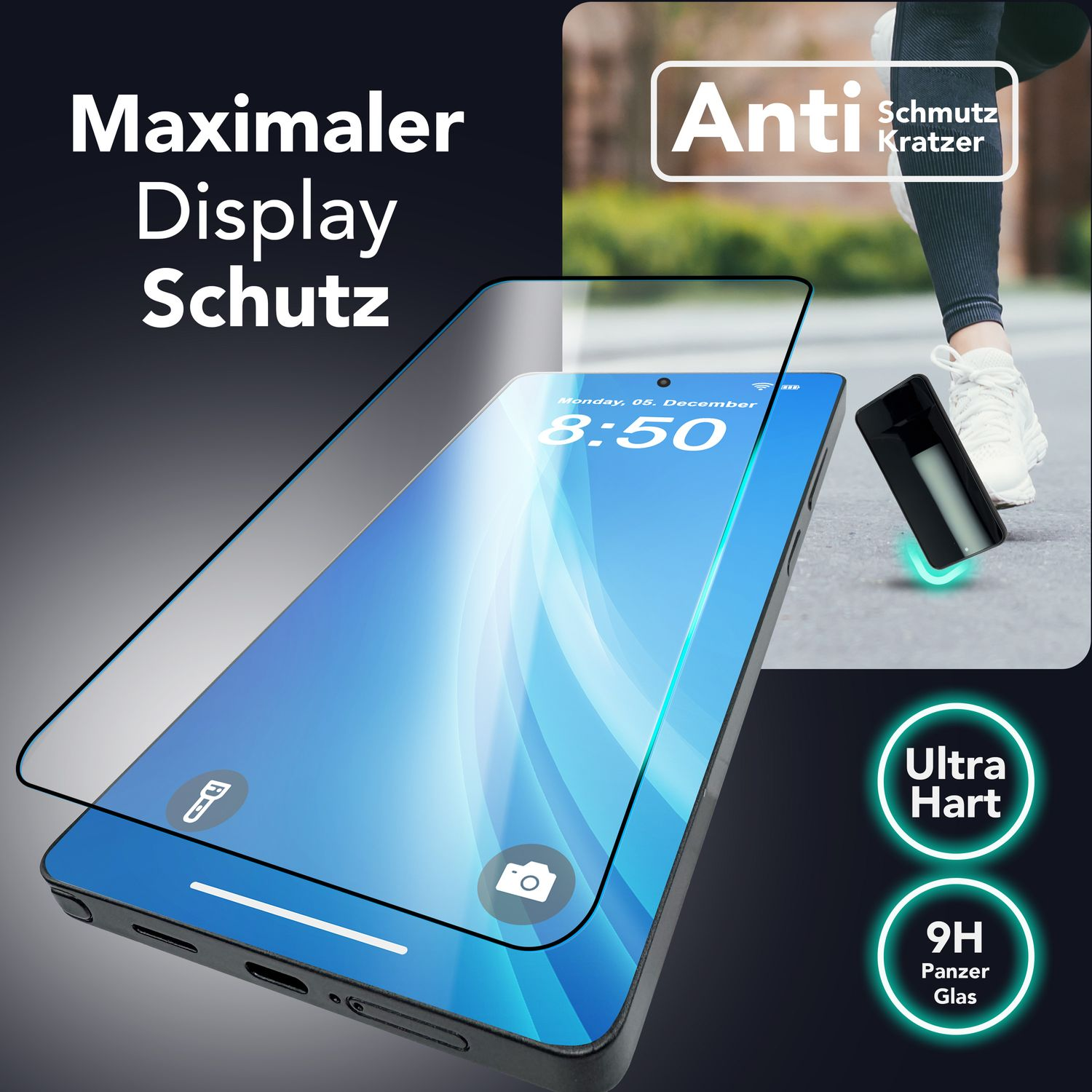 Un téléphone avec un protecteur d'écran, affichant l'heure. Textes : 'Maximaler Display Schutz', 'Anti Schmutz', 'Ultra Hart', '9H Panzer Glas'.