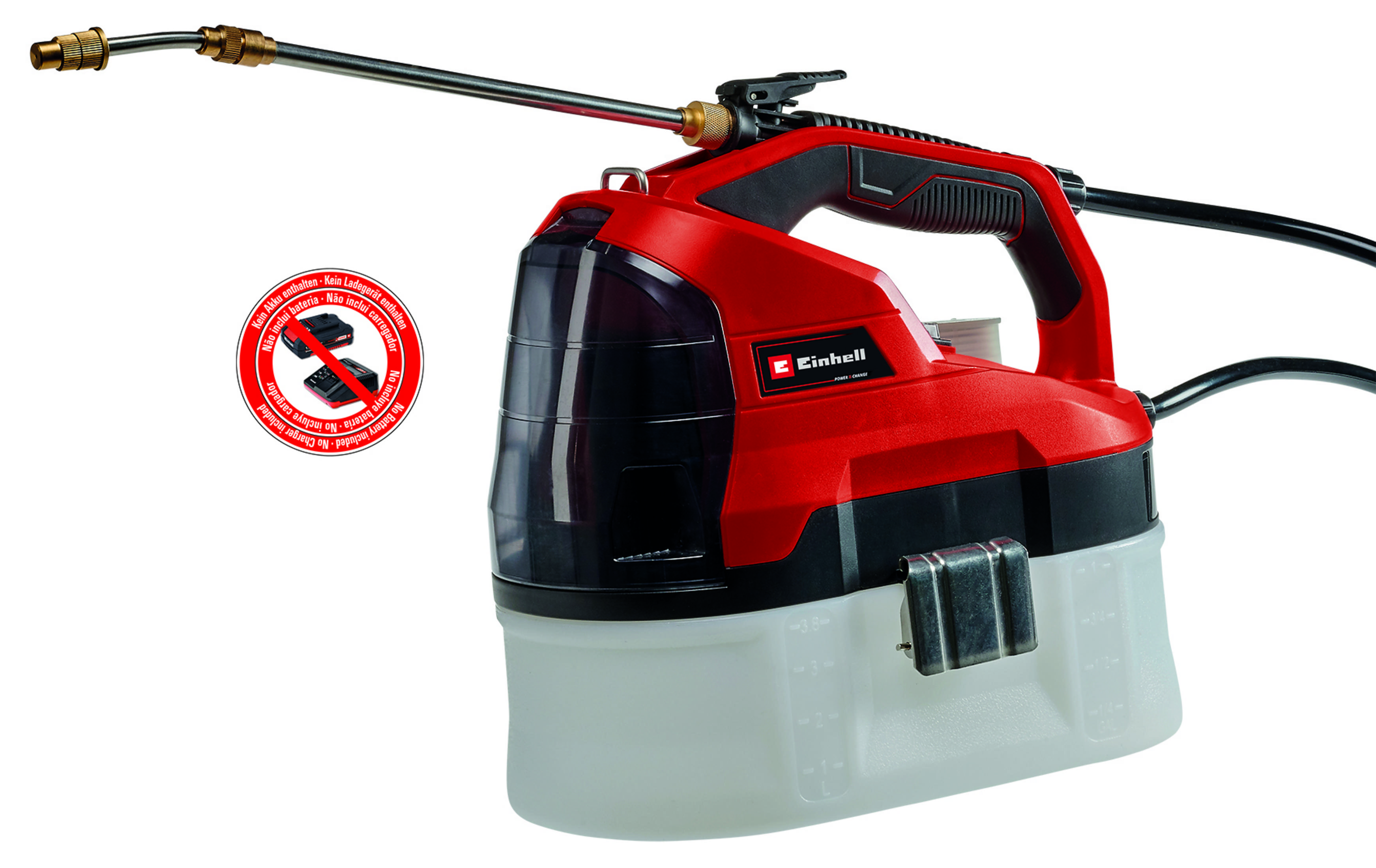 Rotes und schwarzes Stromsprühgerät mit transparentem Tank. Hat eine lange Düse. Ein Schild weist darauf hin, dass keine Batterie oder Ladegerät enthalten sind.