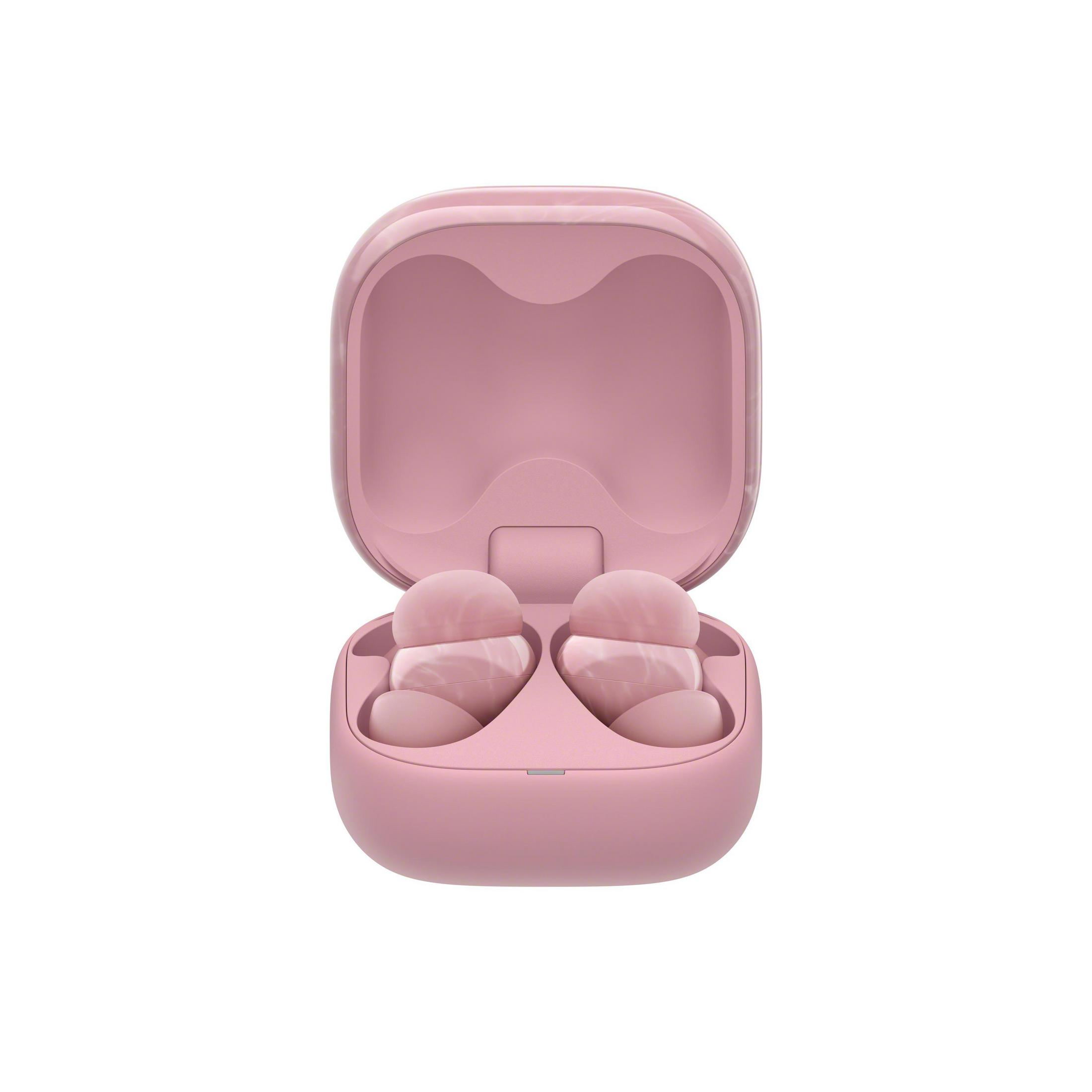 Auricolari wireless rosa in una custodia di ricarica rosa aperta. Lo sfondo è bianco.