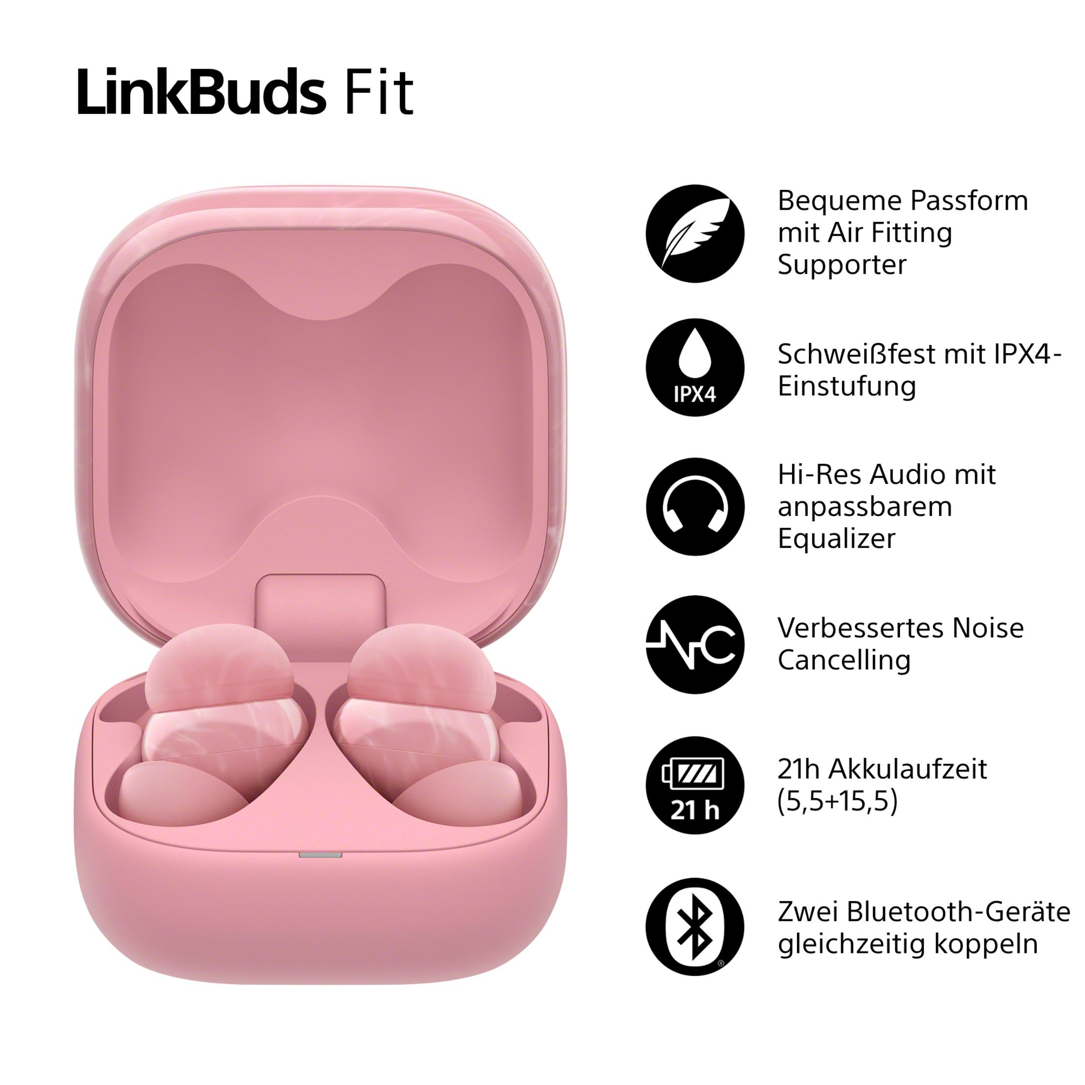 Auricolari rosa in un astuccio, con icone per funzioni come la cancellazione del rumore e la lunga durata della batteria, e testo 'LinkBuds Fit'.