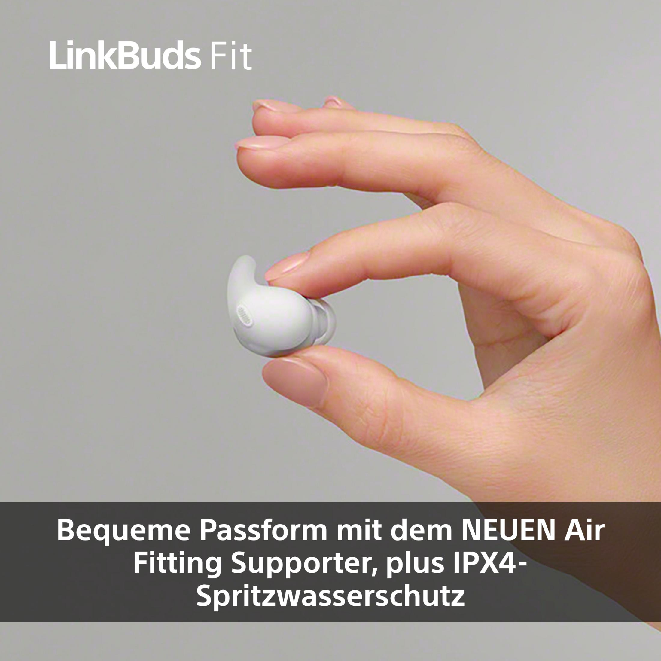 Una mano sostiene un auricular blanco. El fondo es gris claro. El texto dice 'LinkBuds Fit' y 'Bequeme Passform...'