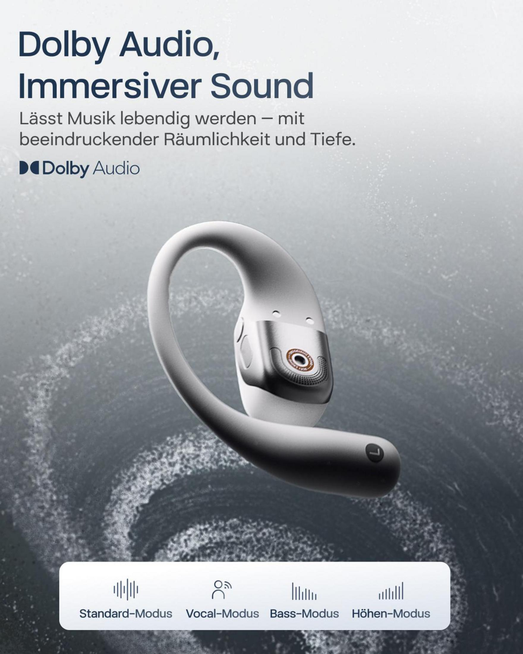 Biały i srebrny bezprzewodowy pączek do uszu. Tekst o Dolby Audio i trybach dźwięku na dole.