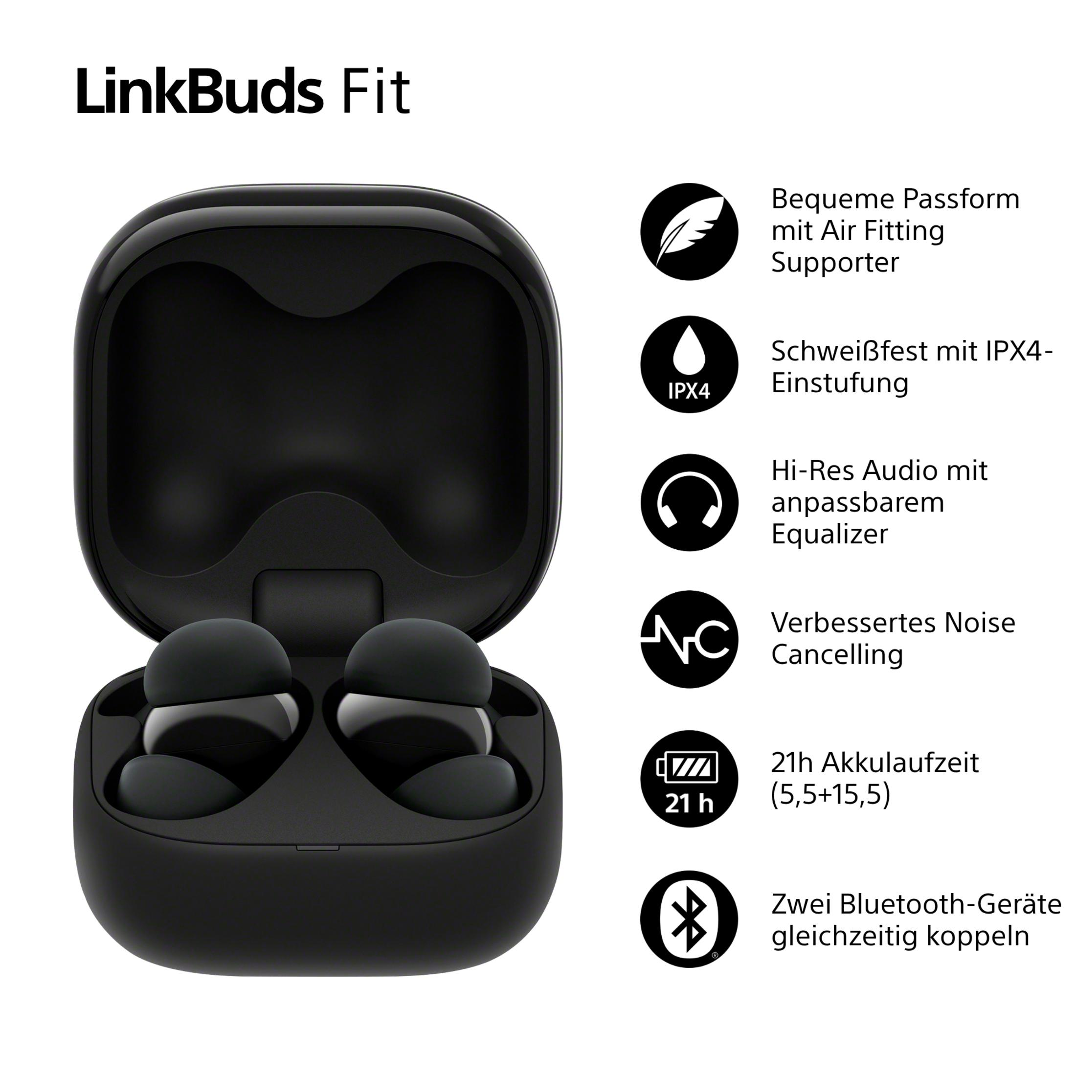 Schwarze Ohrhörer in einem Ladekoffer. Zu den Merkmalen gehören Geräuschunterdrückung, Bluetooth und lange Akkulaufzeit.