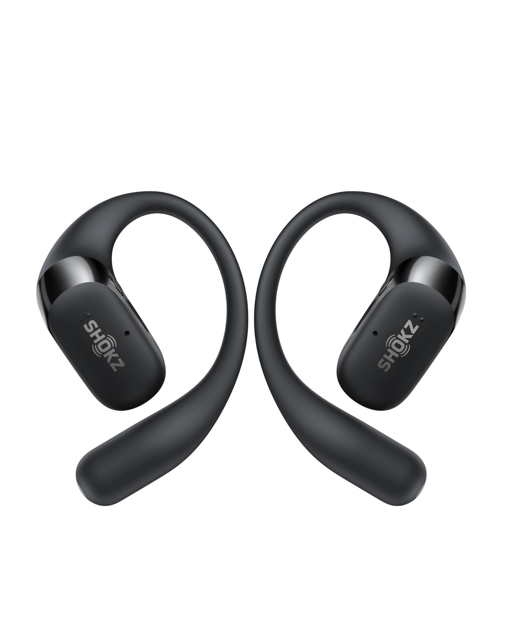 Due cuffie Shokz nere con design a fascia. Sono posizionate su sfondo bianco, con il logo del marchio visibile.