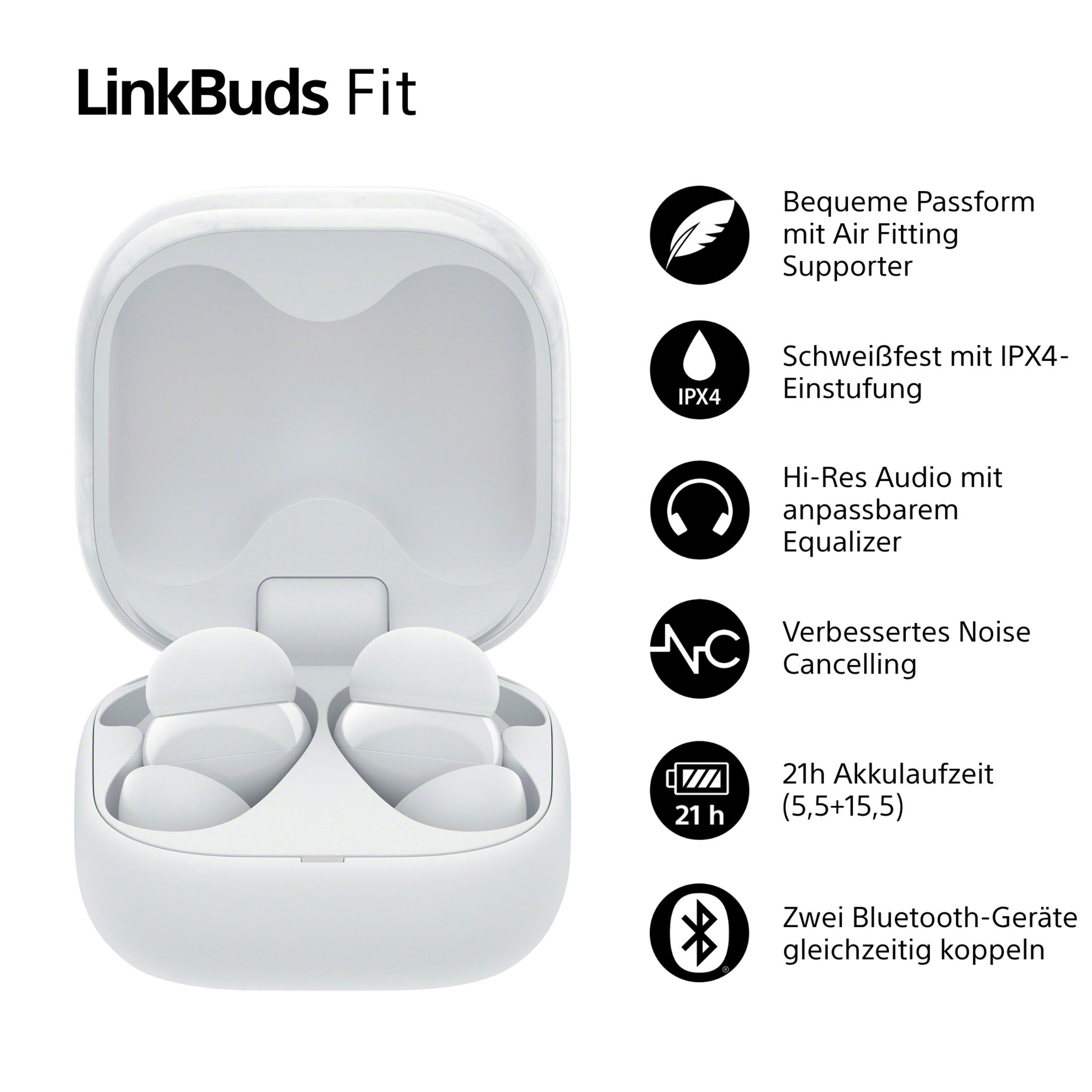 Auriculares blancos LinkBuds Fit en un estuche. Incluye cancelación de ruido, IPX4 y batería de larga duración.