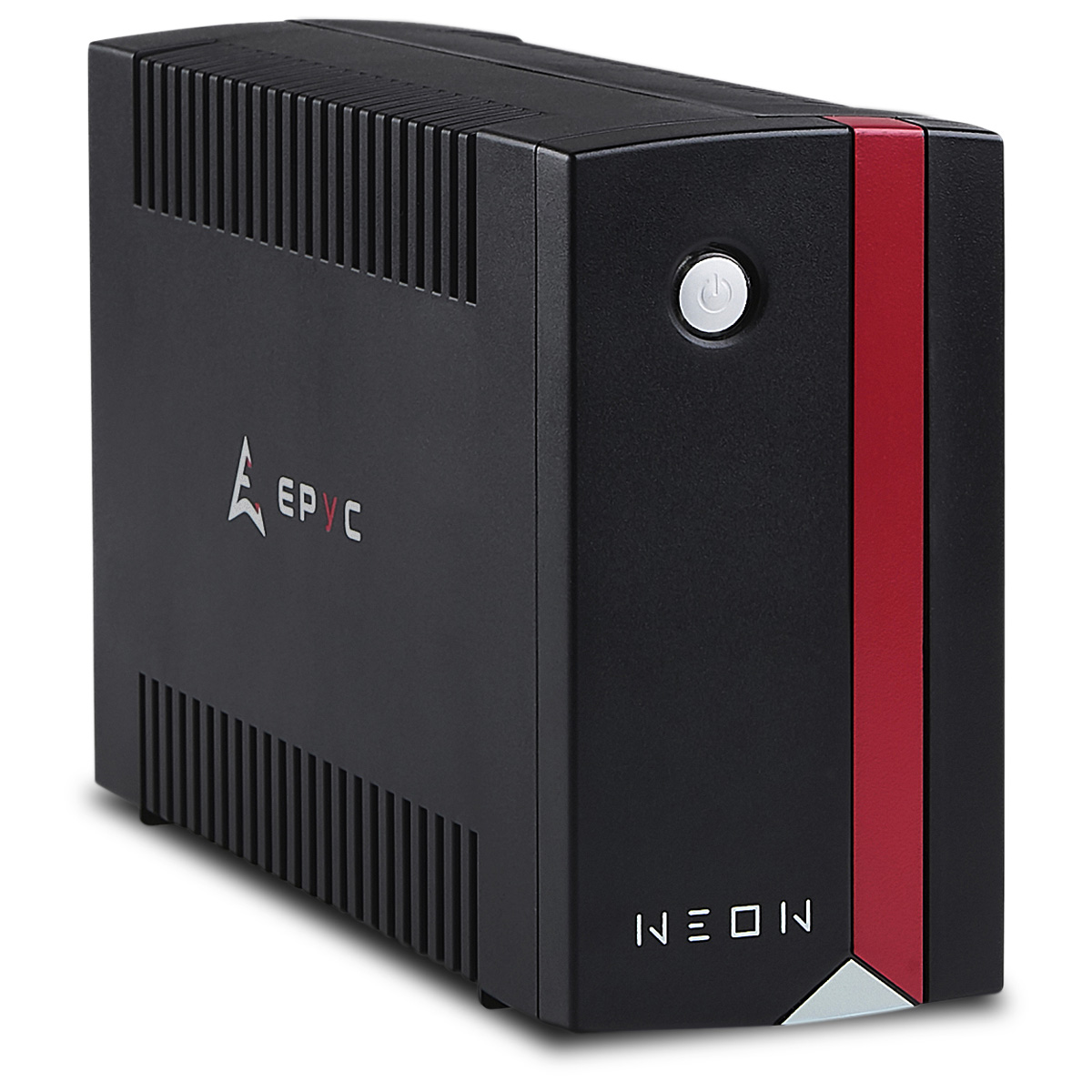 Un server nero con una striscia rossa, pulsante di accensione e loghi "EPYC" e "NEON". Su sfondo bianco.