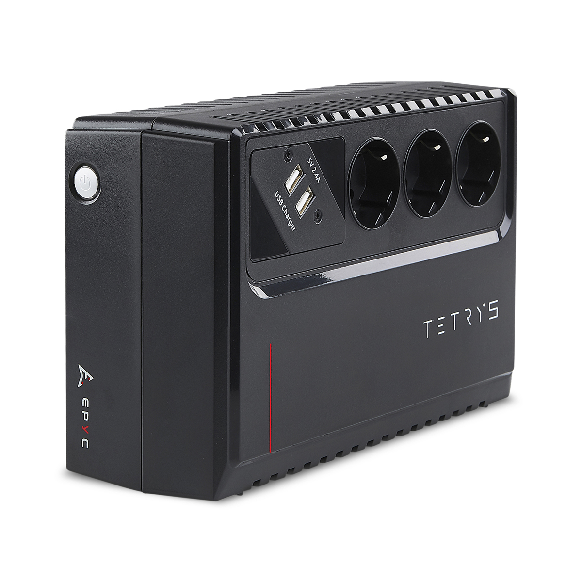 UPS Tetrys nero con prese di corrente, caricatore USB e pulsante di accensione. Sfondo bianco.