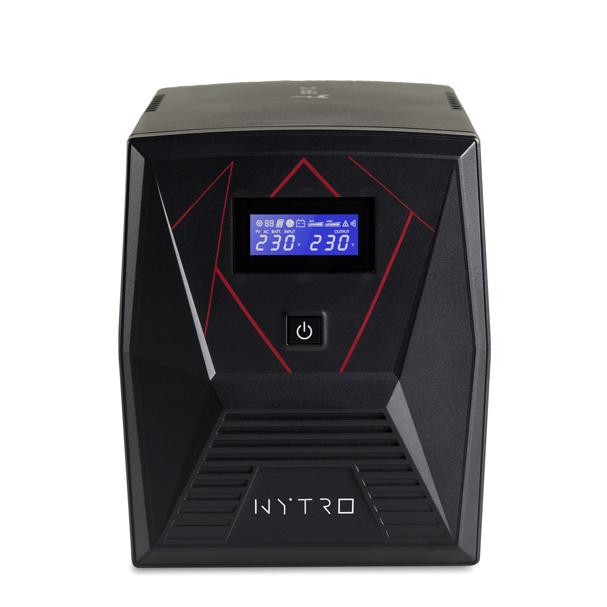Un UPS nero con dettagli rossi. Un LCD blu mostra le letture di tensione. Il pulsante di accensione è sotto lo schermo. Il marchio 'NYTRO' è visibile.