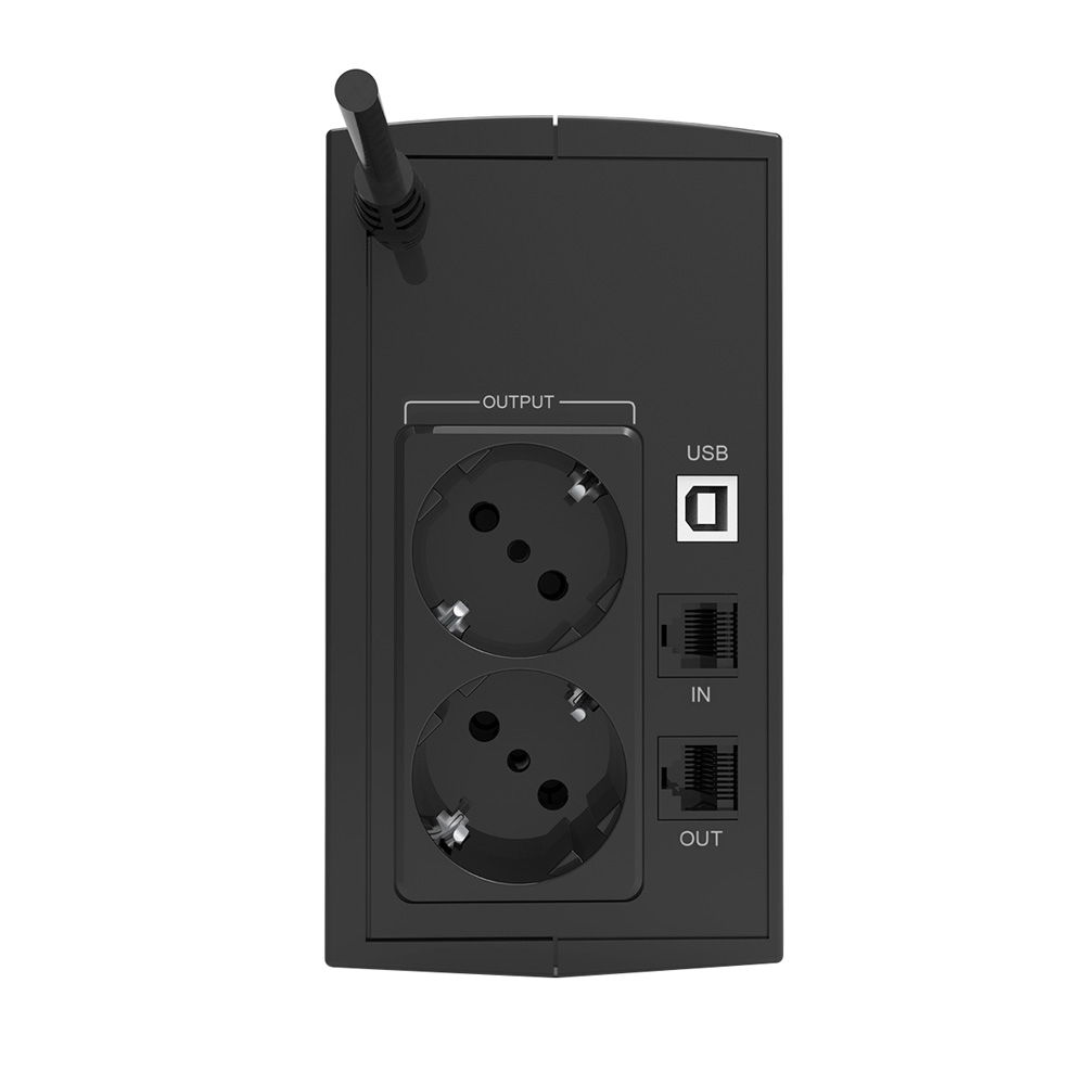 Dispositivo di backup di alimentazione nero con due prese di uscita, porta USB e porte di ingresso/uscita, con antenna.
