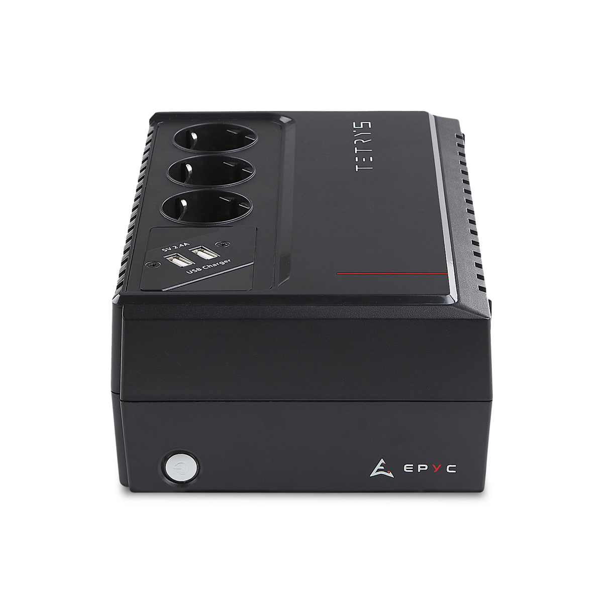 Una ciabatta nera con tre prese, porte USB e il marchio Tetrys. Ha un pulsante di accensione e il logo EPYC.