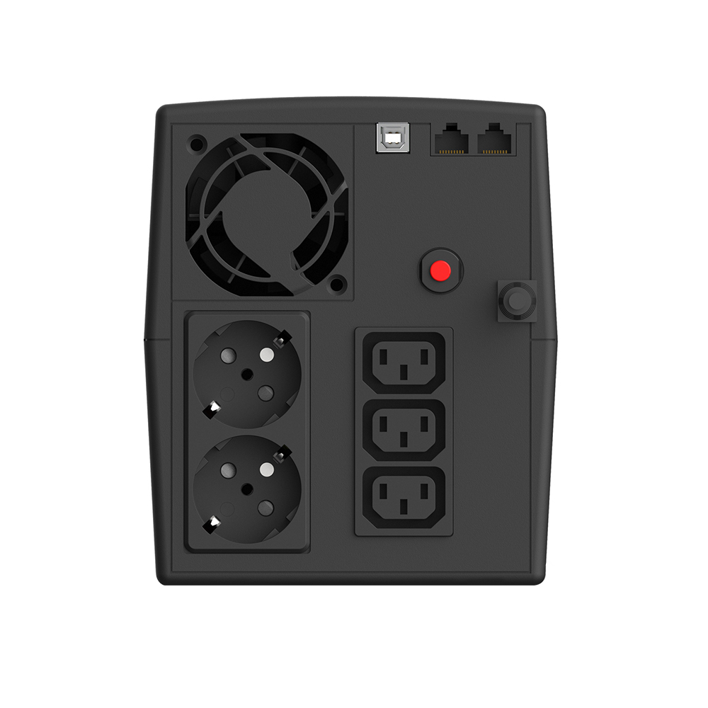 Dispositivo UPS nero con più prese di corrente, ventola, porta USB e spie luminose su sfondo bianco.
