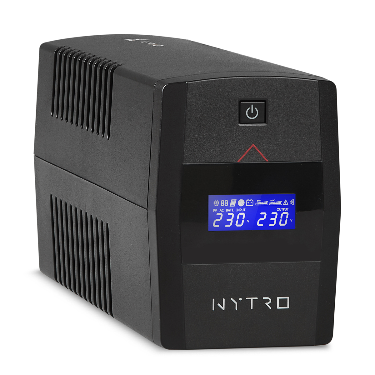 Un gruppo di continuità (UPS) nero. Ha un display digitale che mostra la tensione. Il marchio è NYTRO.