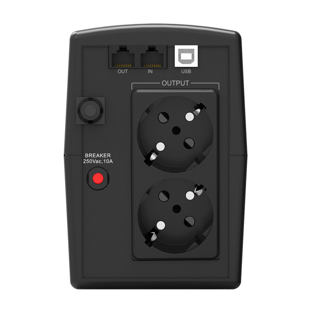 Alimentatore nero con due prese, USB e porte di rete. Include un interruttore automatico con indicatore rosso.