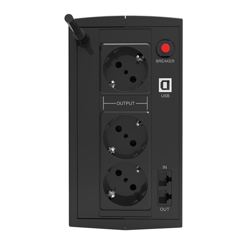 Un pannello posteriore nero di un gruppo di continuità mostra tre prese di uscita, un pulsante interruttore, una porta USB e porte di ingresso/uscita.