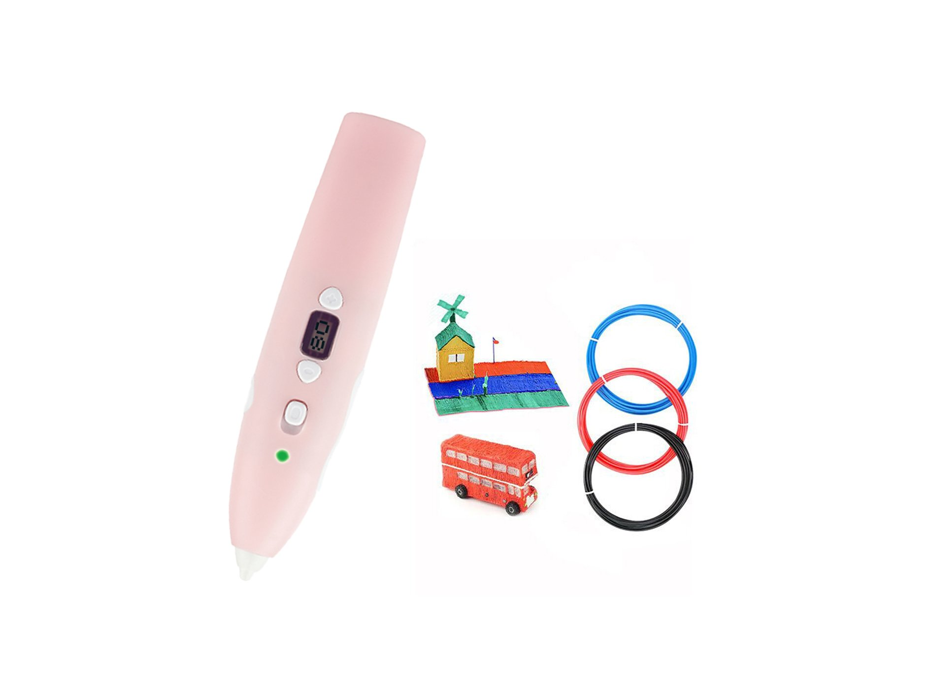 Penna 3D rosa con un modello di casa, un autobus e tre bobine di diversi colori su sfondo bianco.