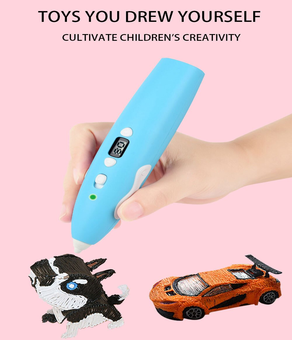 Una mano tiene una penna 3D blu, disegnando una mucca e un'auto. Giocattoli che hai disegnato tu stesso. Coltiva la creatività dei bambini.