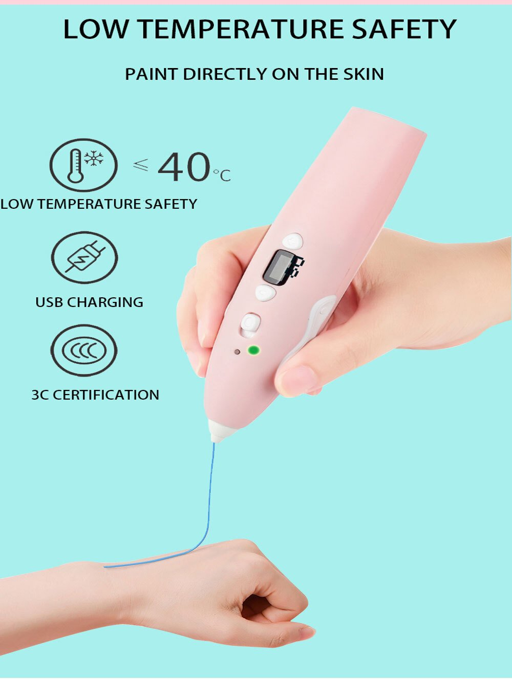 Una mano tiene in mano un dispositivo rosa a forma di penna, che disegna una linea blu su un'altra mano. Il testo indica la sicurezza a bassa temperatura.