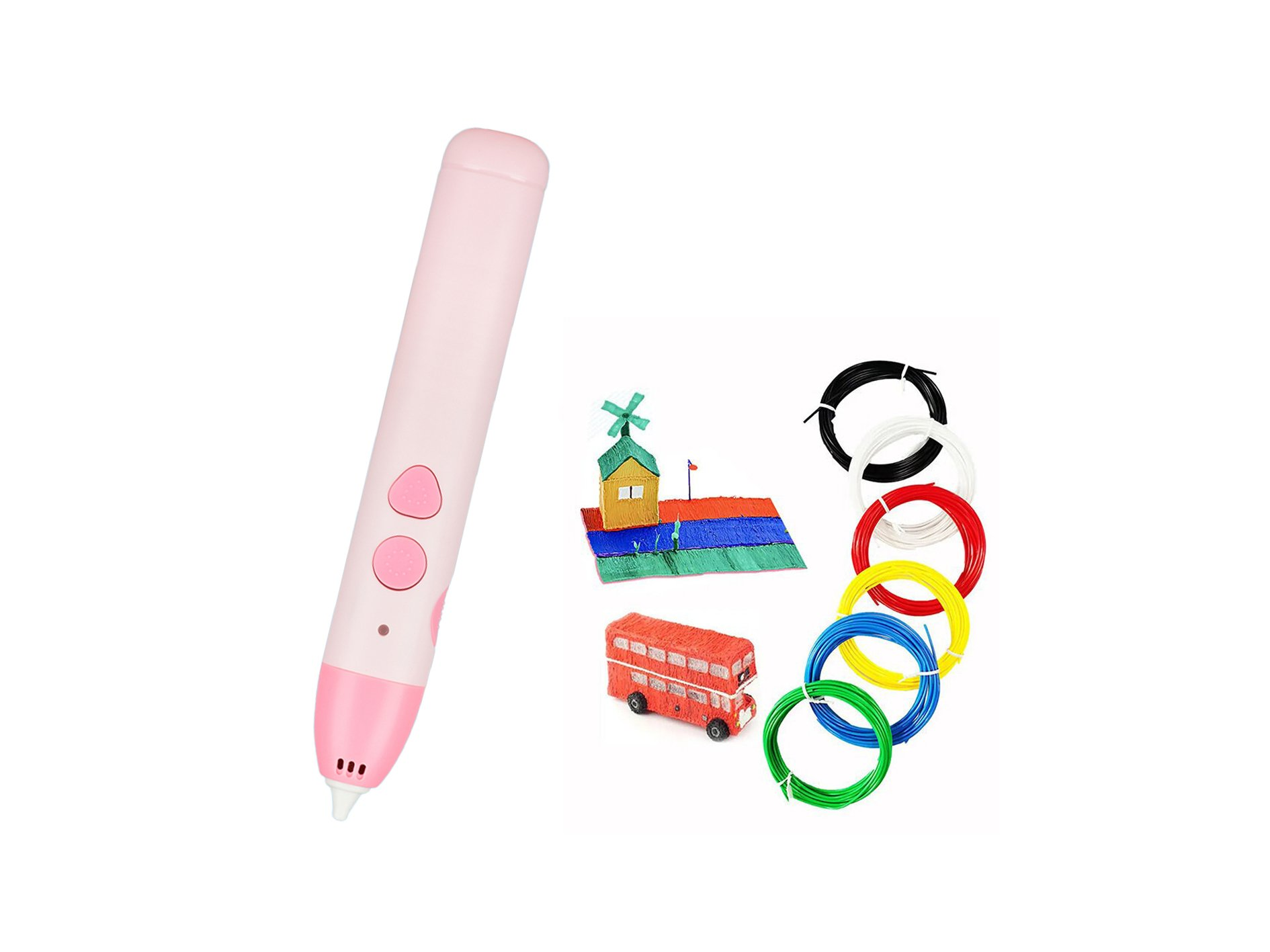 Una penna 3D rosa con una casetta, un autobus a due piani e filamenti colorati su sfondo bianco.