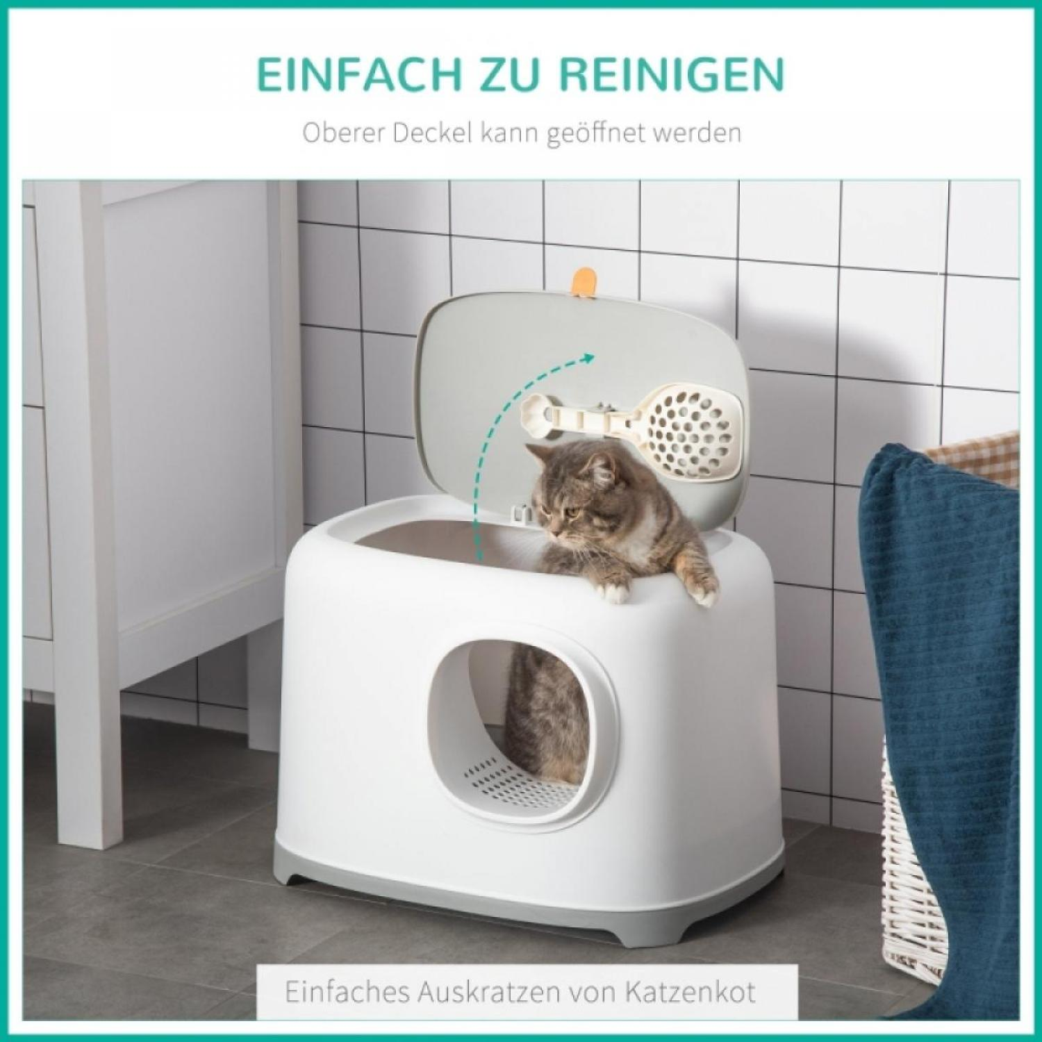 Eine Katze sitzt in einer offenen, weißen Katzentoilette mit einer Schaufel. Der Text sagt: leicht zu reinigen. Graue Box hat eine Tür, und es gibt einen weißen Schrank.