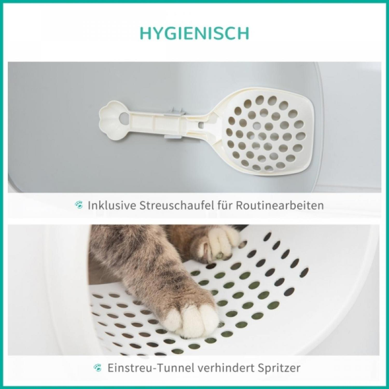 Bild zeigt eine Katzenstreu-Box und eine Schaufel. Eine Katzenpfote ist zu sehen. Text sagt 'Hygienisch'.