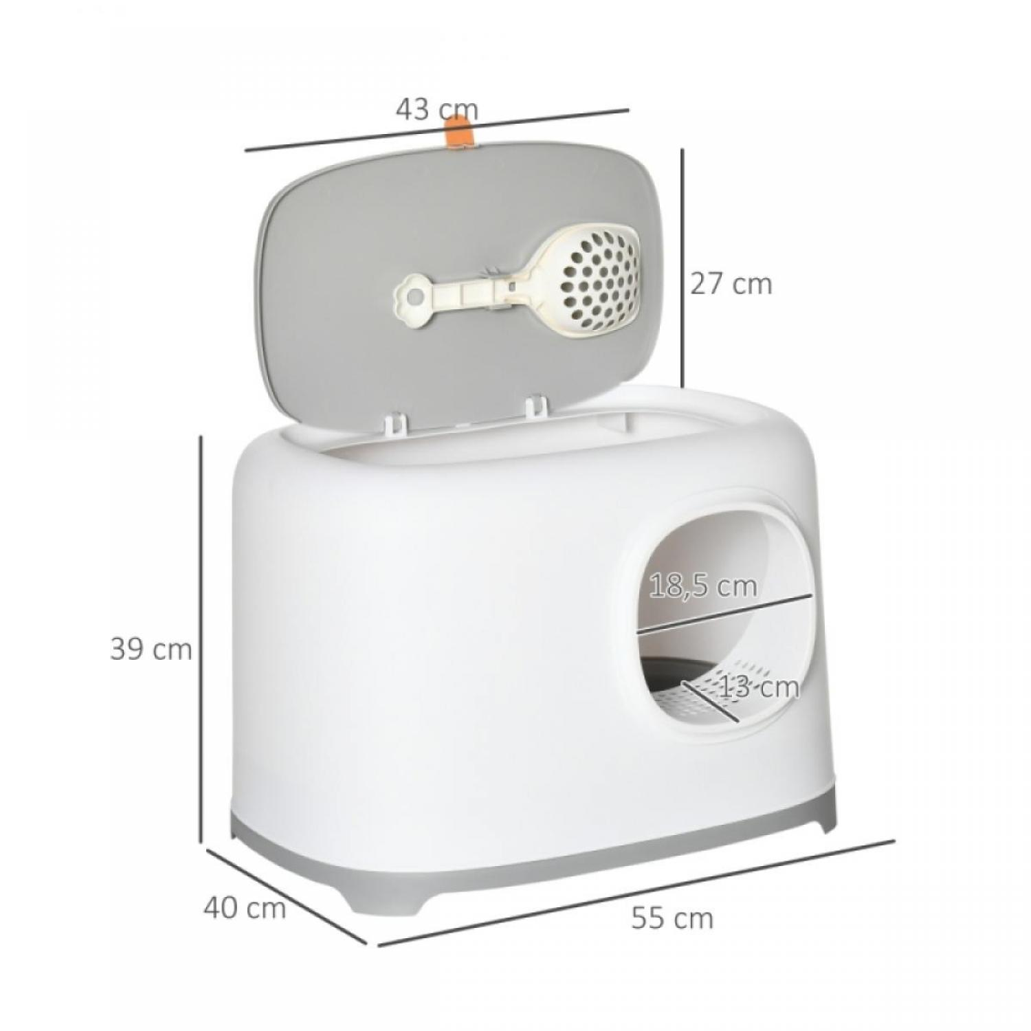 Weiße Katzentoilette mit offenem grauem Deckel. Mit einer Schaufel, Abmessungen beschriftet. Die Box hat ein Eingangsloch.
