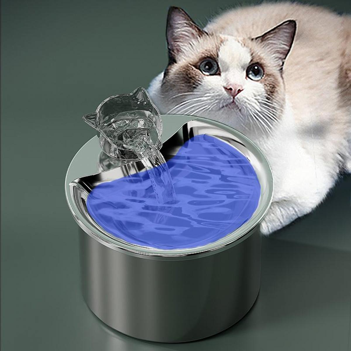 Eine Katze beobachtet einen Trinkbrunnen. Der Brunnen hat fließendes Wasser. Die Katze hat blaue Augen und braunes und weißes Fell. Das Wasser ist blau.