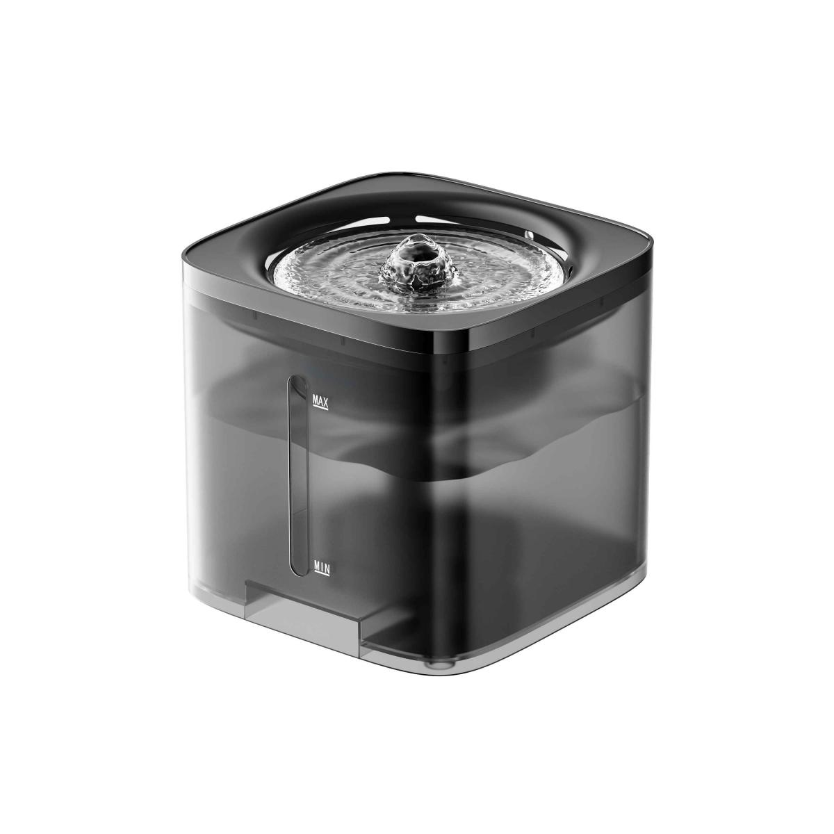 Ein quadratischer, transparenter Trinkbrunnen für Haustiere. Wasser fließt von oben. Er hat eine Max- und Min-Wasserstandsanzeige.