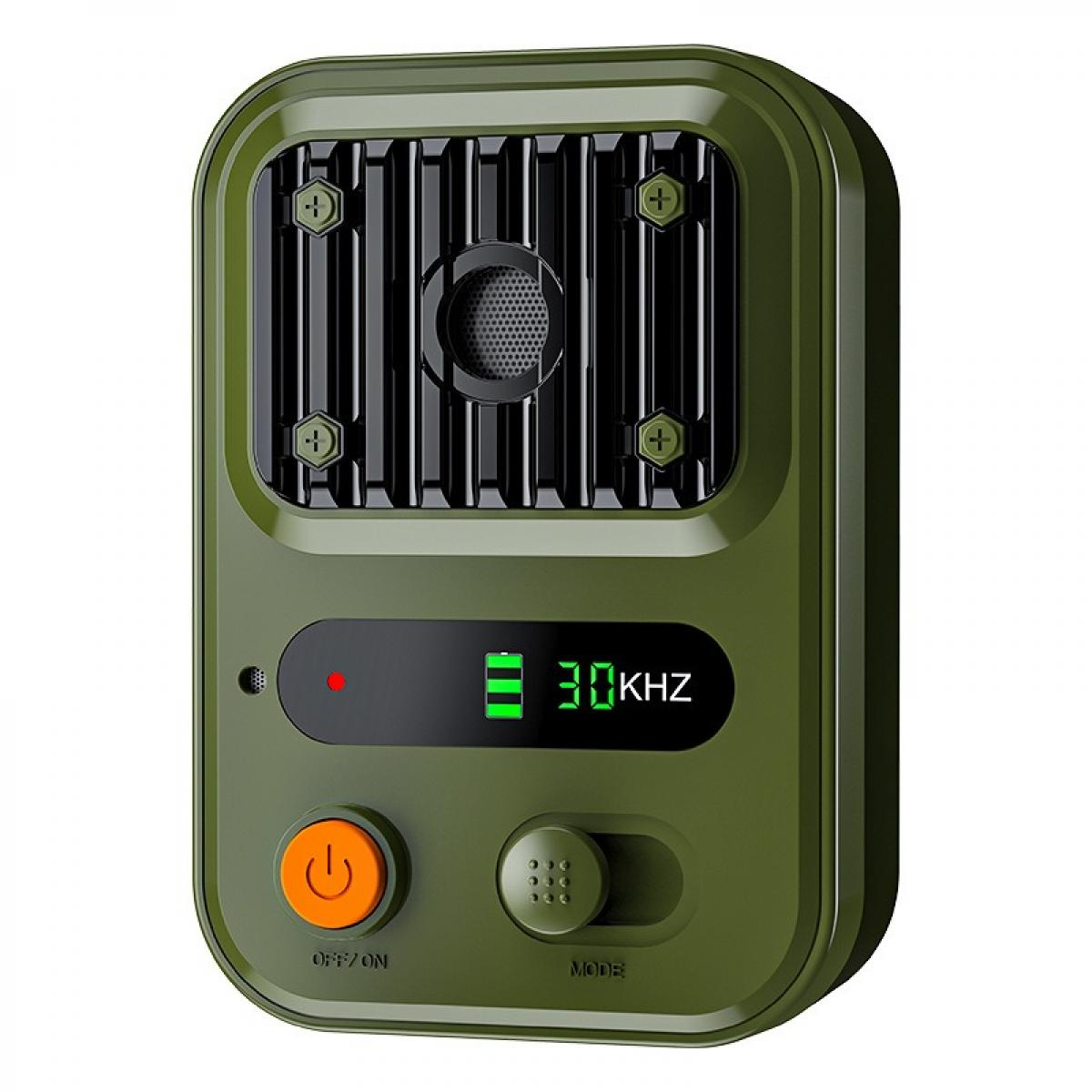 Grünes elektronisches Gerät mit Lautsprechergrill, Bildschirm mit 30KHZ, Ein-/Aus- und Modustasten sowie Batteriestandsanzeige.