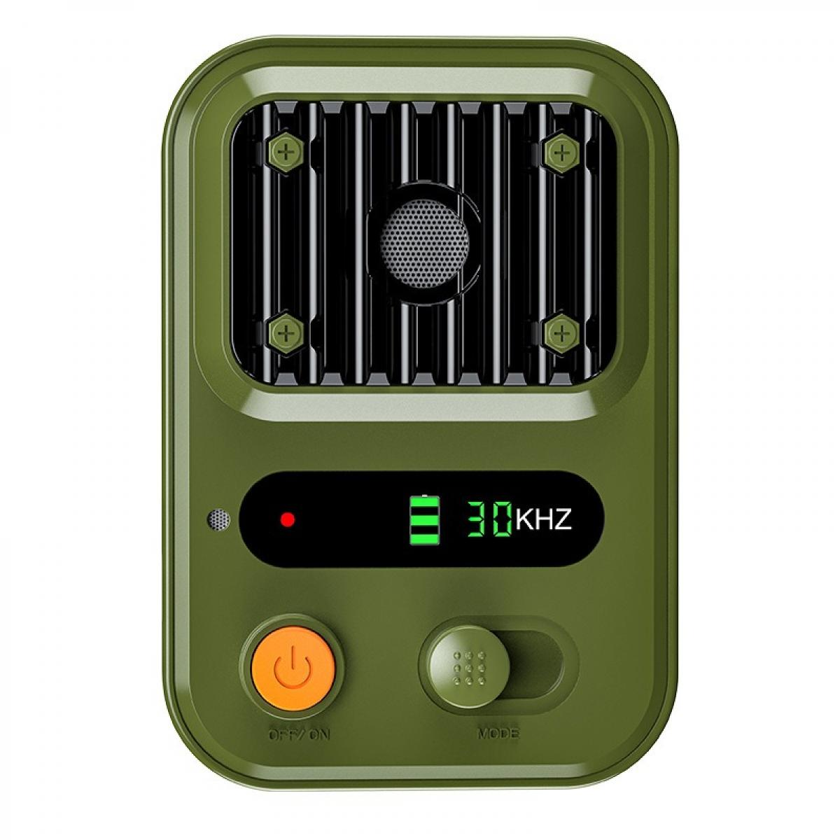 Ein grünes elektronisches Gerät mit Lautsprecher, Ein-/Aus-Taste, Modustaste und Anzeige mit Akku und 30KHZ. Das Gerät ist olivgrün.