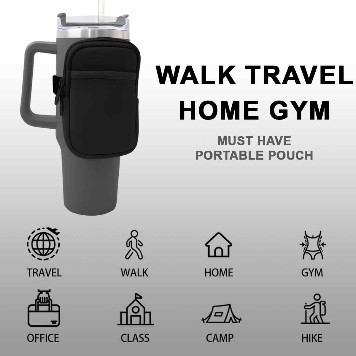 Grauer Becher mit schwarzem Beutel. Text: WALK TRAVEL HOME GYM. Icons: Reisen, Gehen, Zuhause, Fitnessstudio, Büro, Klasse, Camping, Wandern.