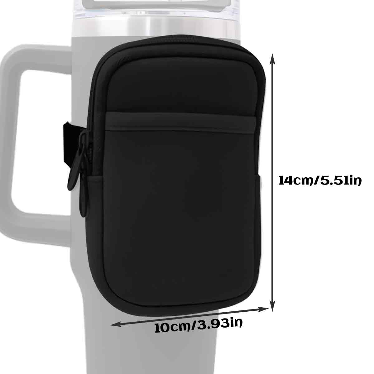 Ein schwarzer Telefonhalter ist an einem weißen Becher befestigt. Maße: 14 cm hoch und 10 cm breit. Auf der linken Seite befindet sich ein Griff.