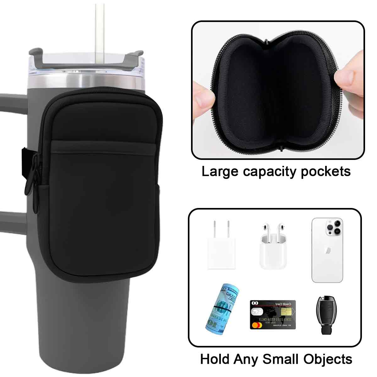 Schwarze Tasche an einem grauen Becher befestigt. Zusätzliche Bilder zeigen eine Tasche, kleine Gegenstände wie Telefon, Ladegerät, Geld und Karten.
