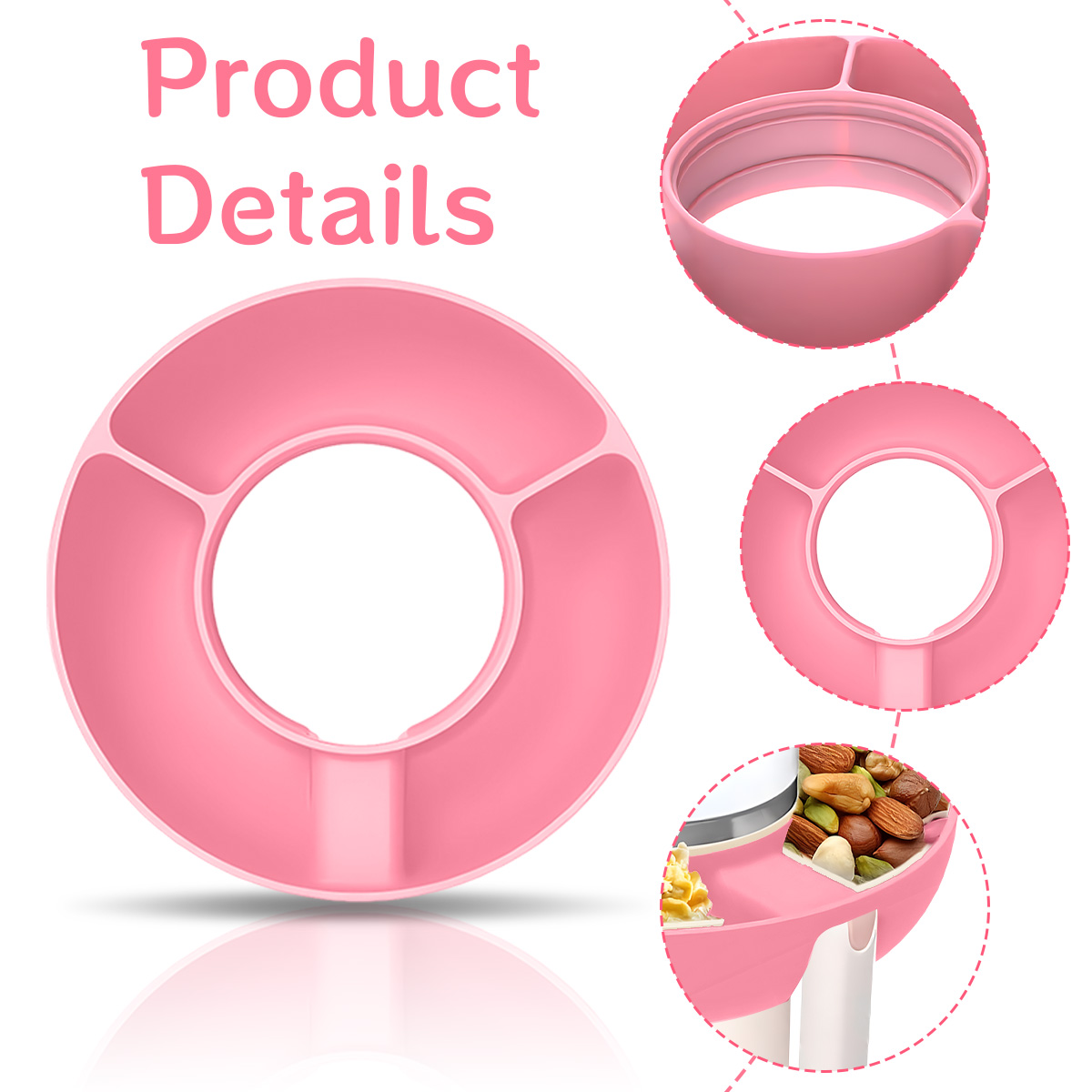 Ein rosa, rundes Produkt mit drei Fächern, beschriftet mit 'Produktdetails'. Details umfassen Nahaufnahmen und ein gefülltes Fach.