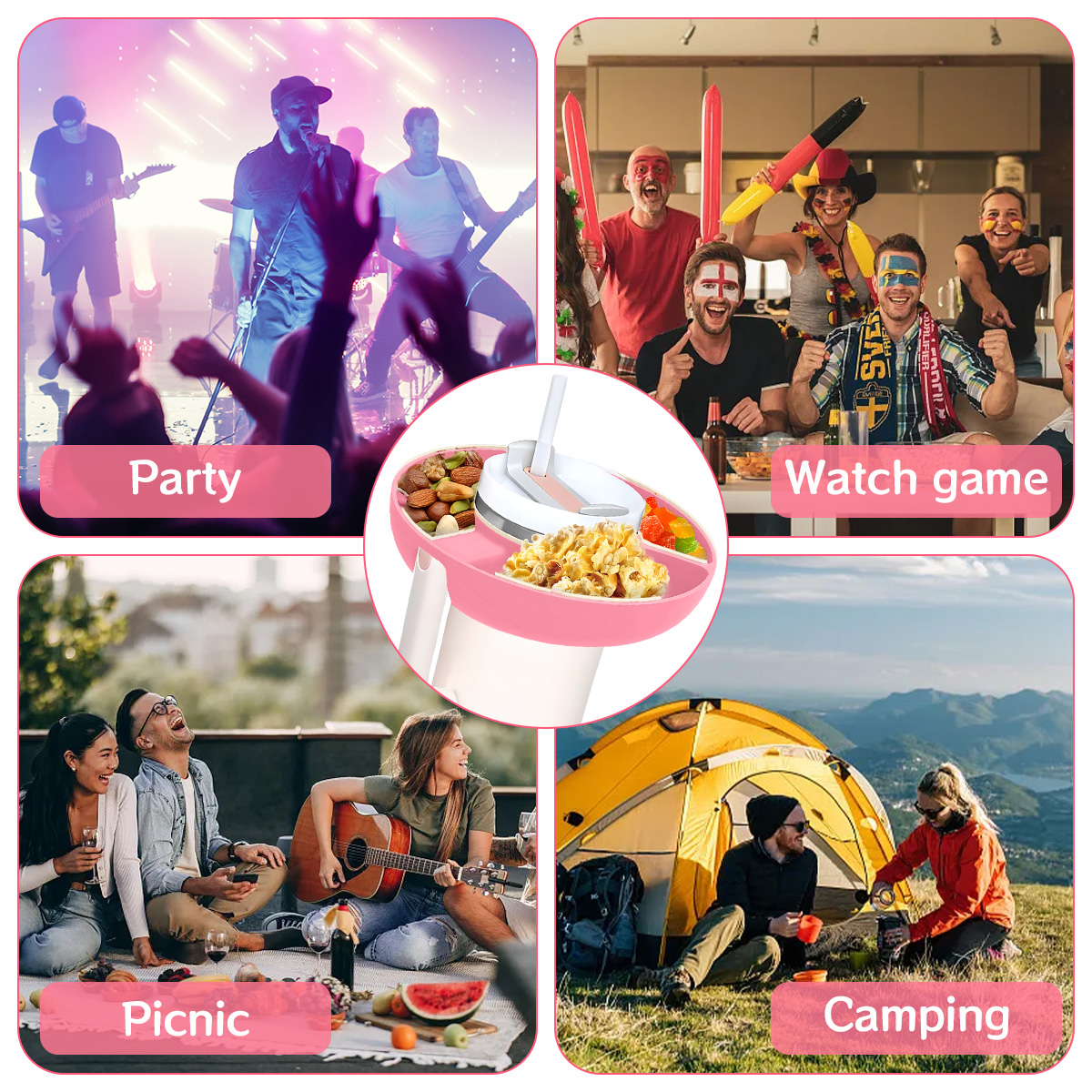 Das Bild zeigt Szenen: Party mit Band, Sportfans, Picknick mit Gitarre und Camping. In der Mitte befindet sich ein rosa Snackbecher.