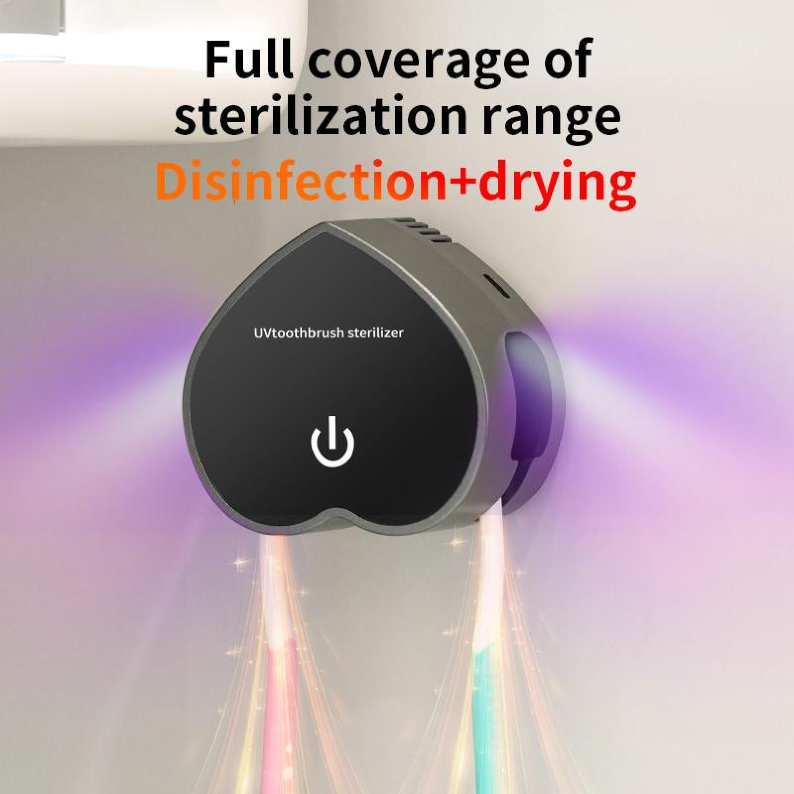 Ein UV-Zahnbürsten-Sterilisator. Das Gerät ist grau und schwarz, mit einem Power-Knopf. Text lautet 'Desinfektion+Trocknung'.