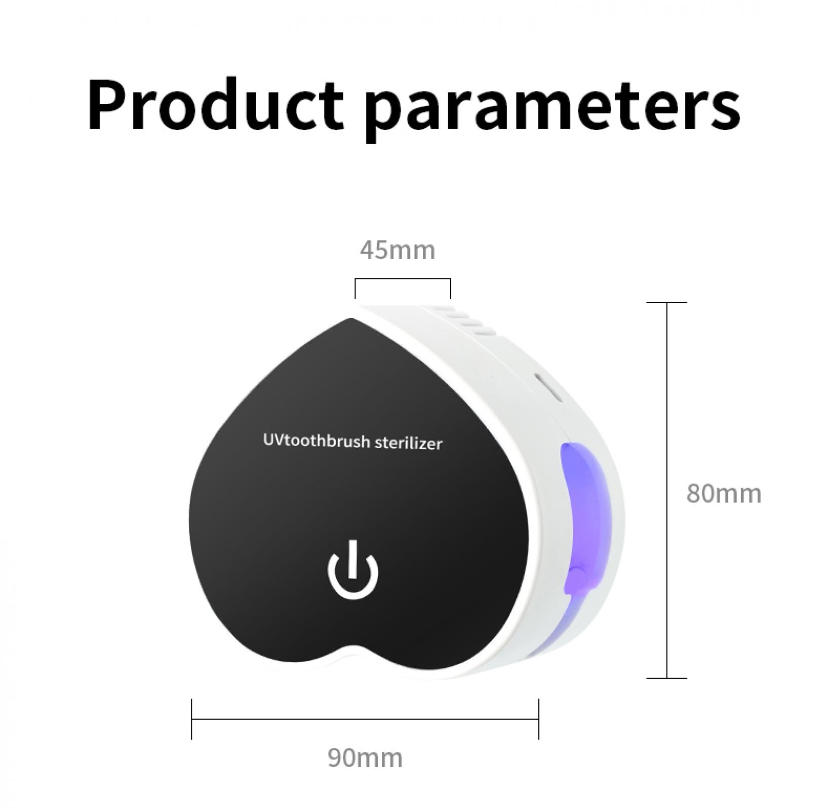 Das Bild zeigt Produktparameter eines UV-Zahnbürsten-Sterilisators mit den Abmessungen 90 mm, 80 mm und 45 mm.