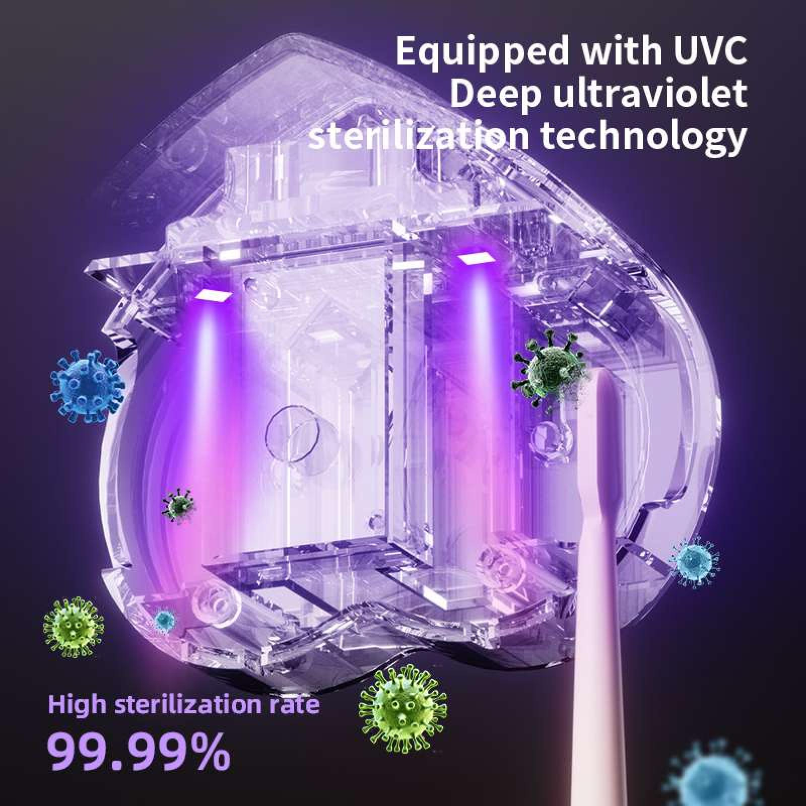 Ein Gerät mit UV-Sterilisationstechnologie. Sichtbar sind violette Lichtstrahlen, Keime und eine Zahnbürste.