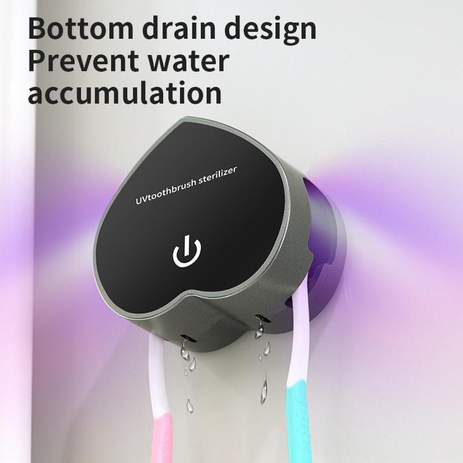 Ein schwarzer UV-Zahnbürstensterilisator mit Ein-Aus-Taste, zwei Zahnbürsten und Wassertropfen. Text: 'Bodendesign'.