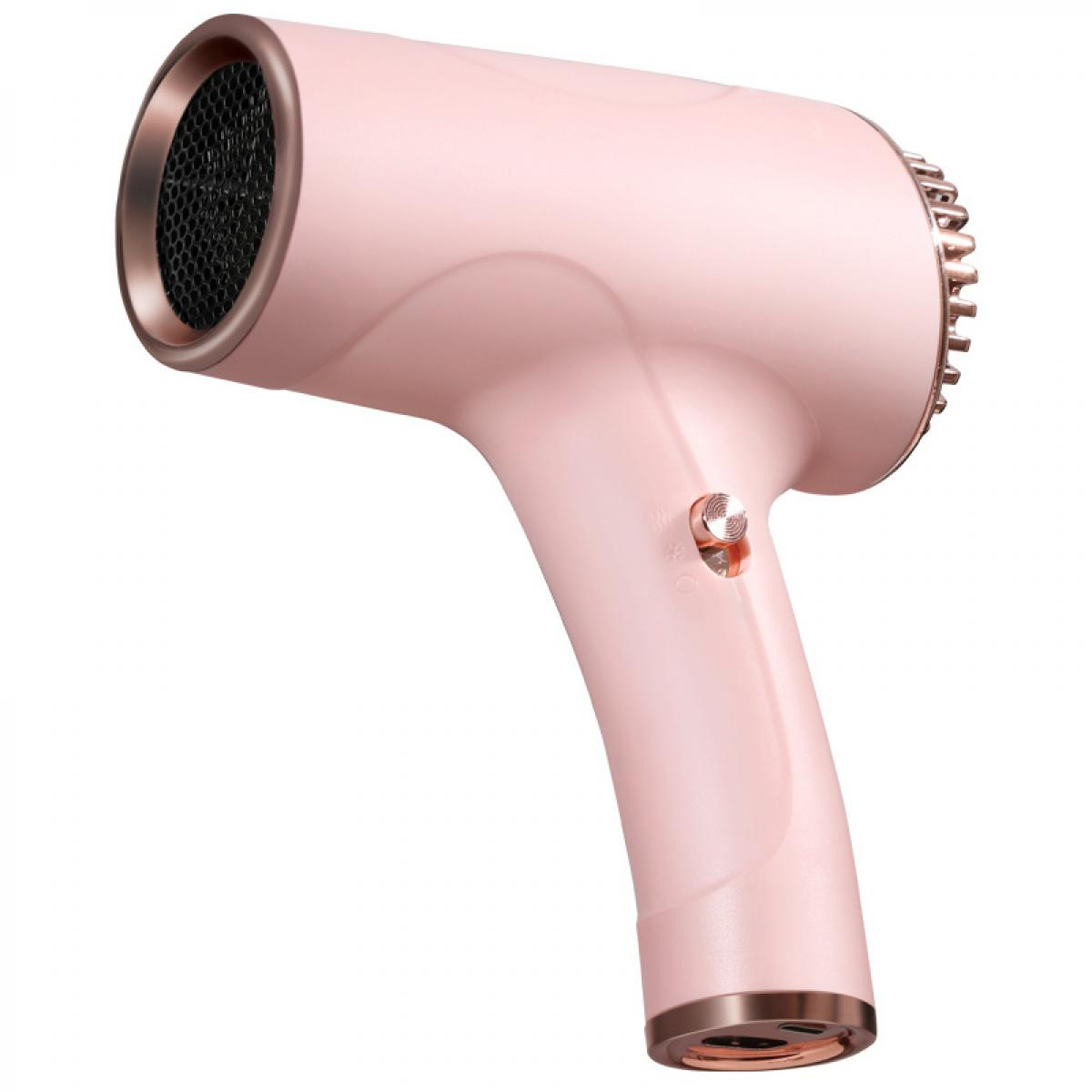 Ein rosa Haartrockner mit roségoldenen Akzenten. Er hat eine Düse, einen Griff und verschiedene Einstellungen. Der Hintergrund ist weiß.
