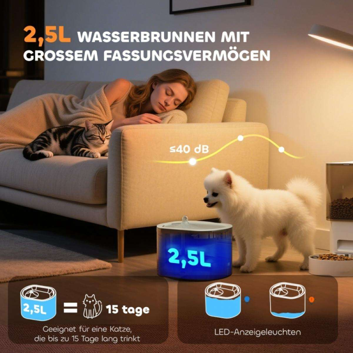 Eine Frau und eine Katze auf einer Couch. Ein Hund steht in der Nähe eines Wasserbrunnens. Text erwähnt 2,5L Kapazität und LED-Leuchten.