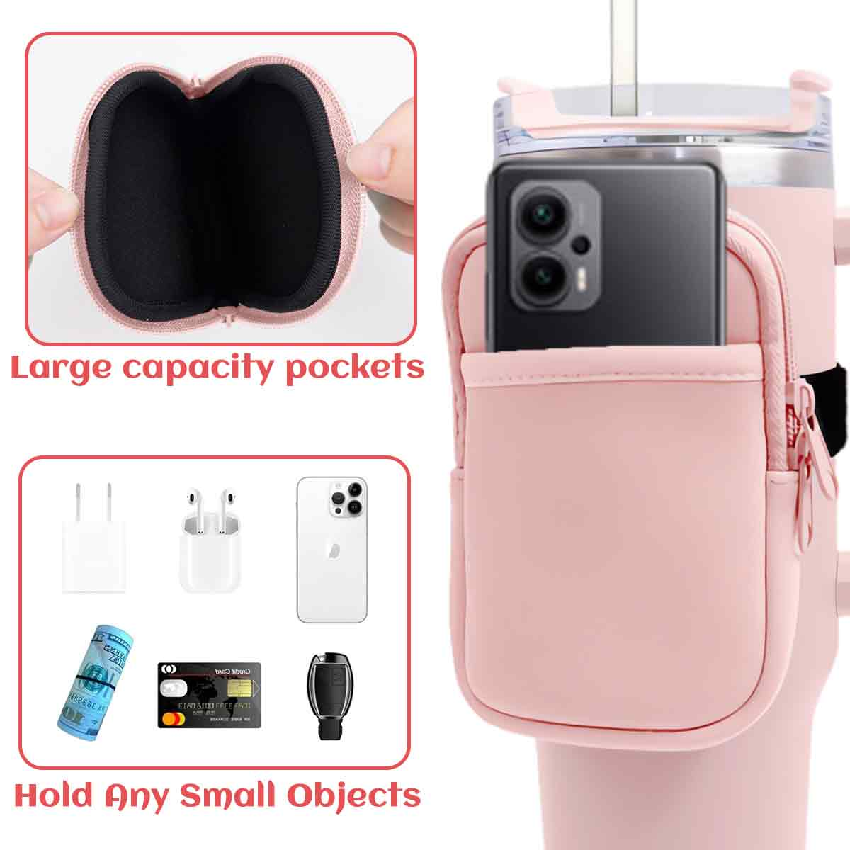 Rosa Tasche mit Telefon. Weitere gezeigte Artikel: Ladegerät, Ohrhörer, Telefon, Geld, Karte, Schlüssel. Text: Große Kapazität, Halten Sie alle kleinen Gegenstände.