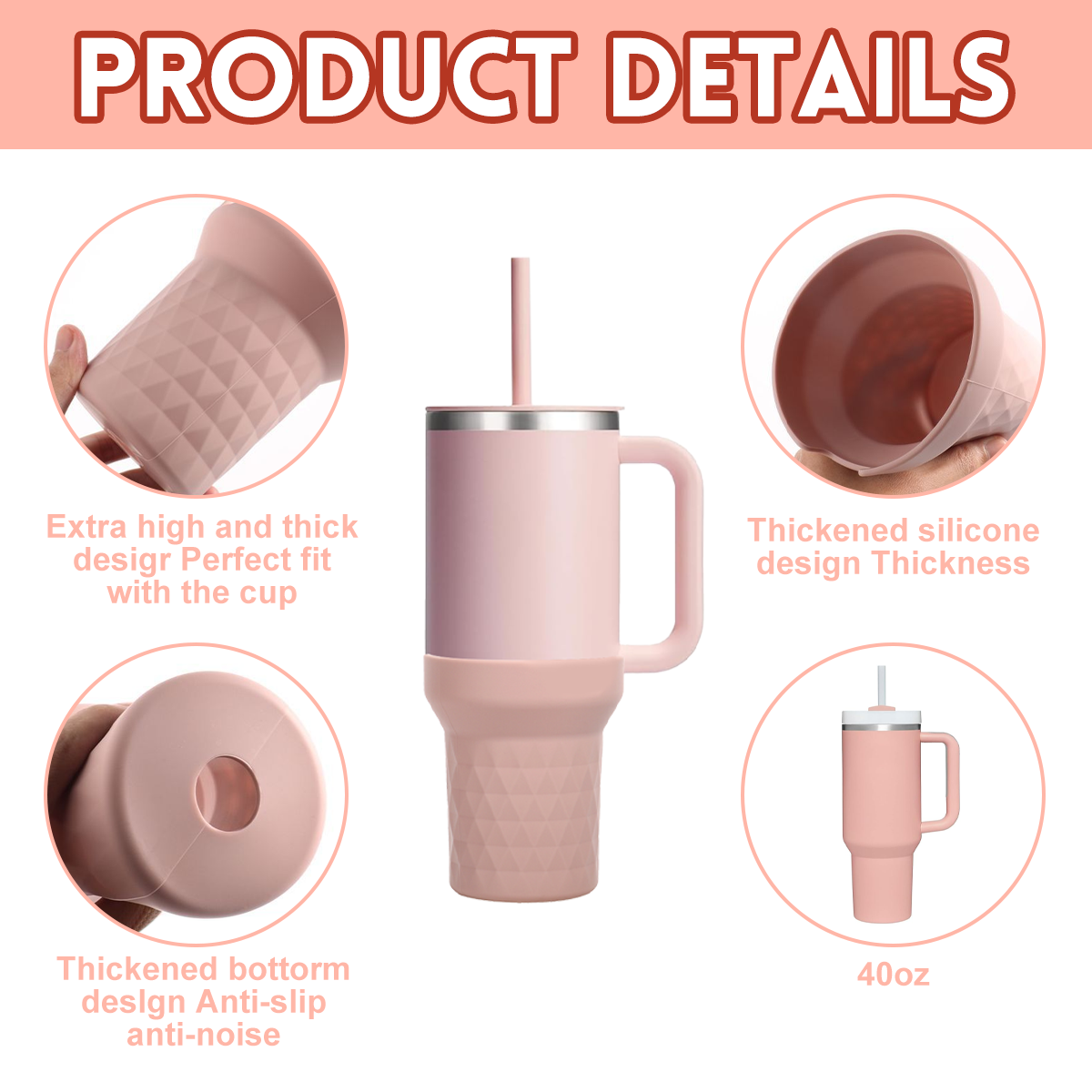 Ein rosa isolierter Becher mit Griff und Strohhalm, der mit Details wie Silikondesign, rutschfestem Boden und 40oz Fassungsvermögen vorgestellt wird.
