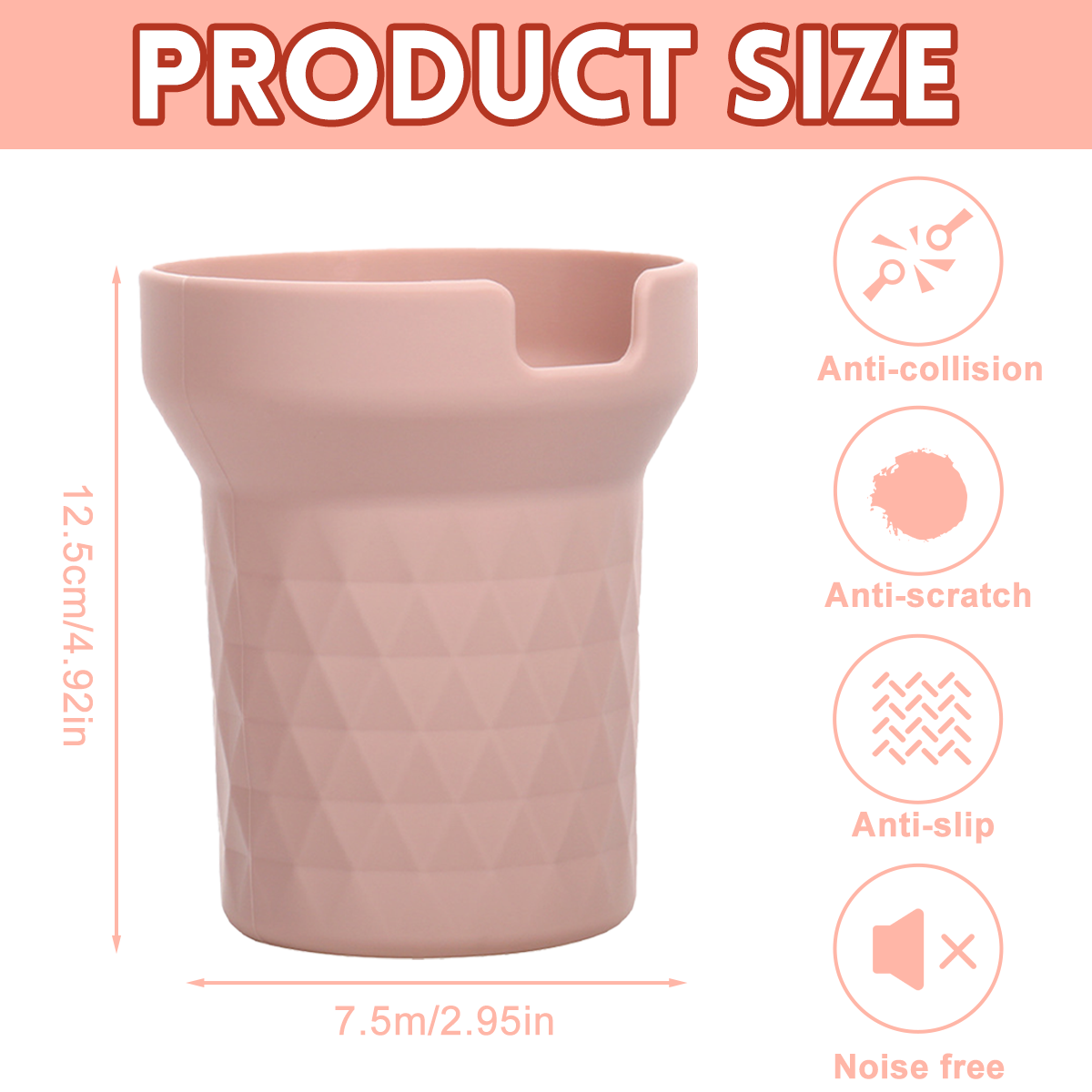 Ein rosa Behälter mit geometrischem Muster. Text zeigt Produktgröße: 12,5 cm/4,92 Zoll x 7,5 m/2,95 Zoll. Eigenschaften: Anti-Kollision, Anti-Kratzer, Anti-Rutsch, geräuschfrei.