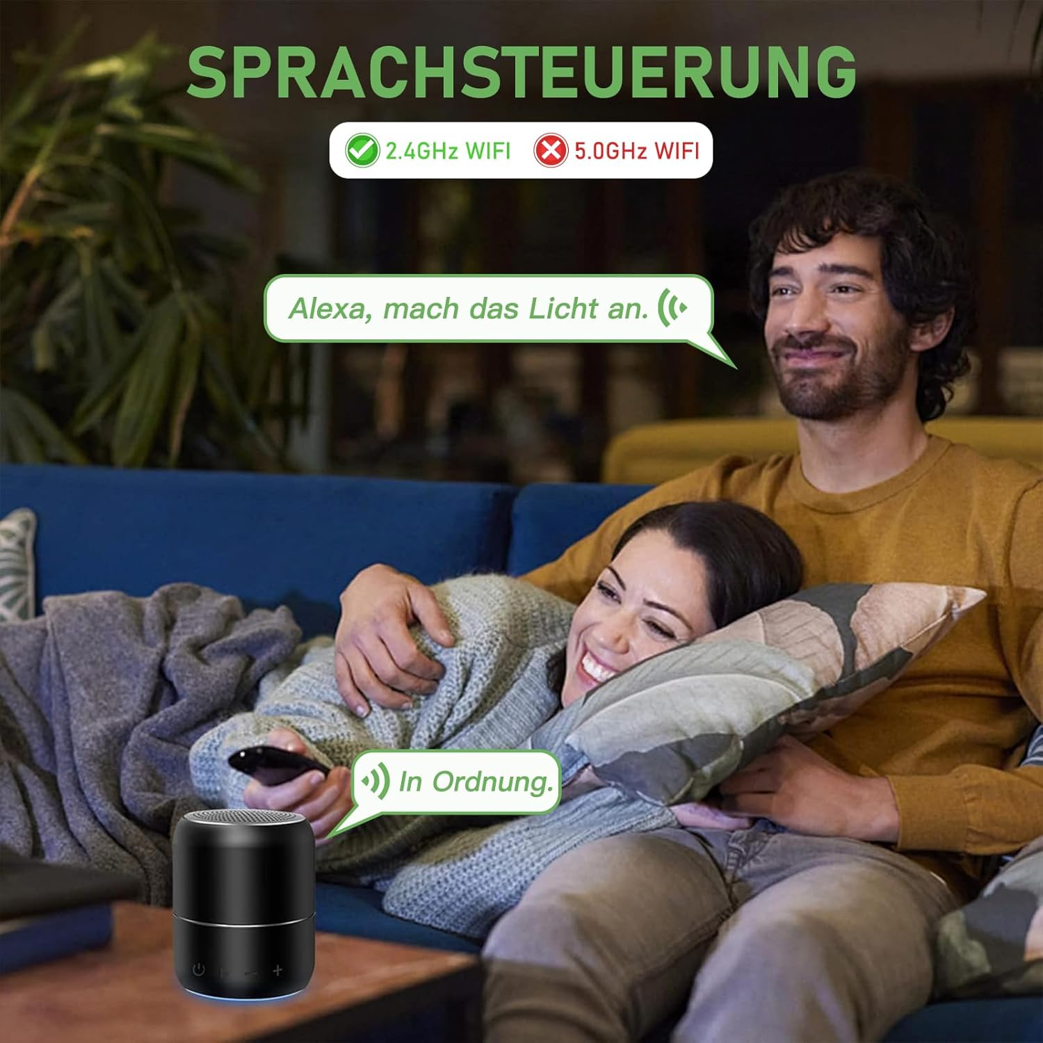 Ein Paar auf einem Sofa interagiert mit einem Lautsprecher. Sprechblasen sagen "Alexa, mach das Licht an" und "In Ordnung". WLAN-Anzeigen sind sichtbar.