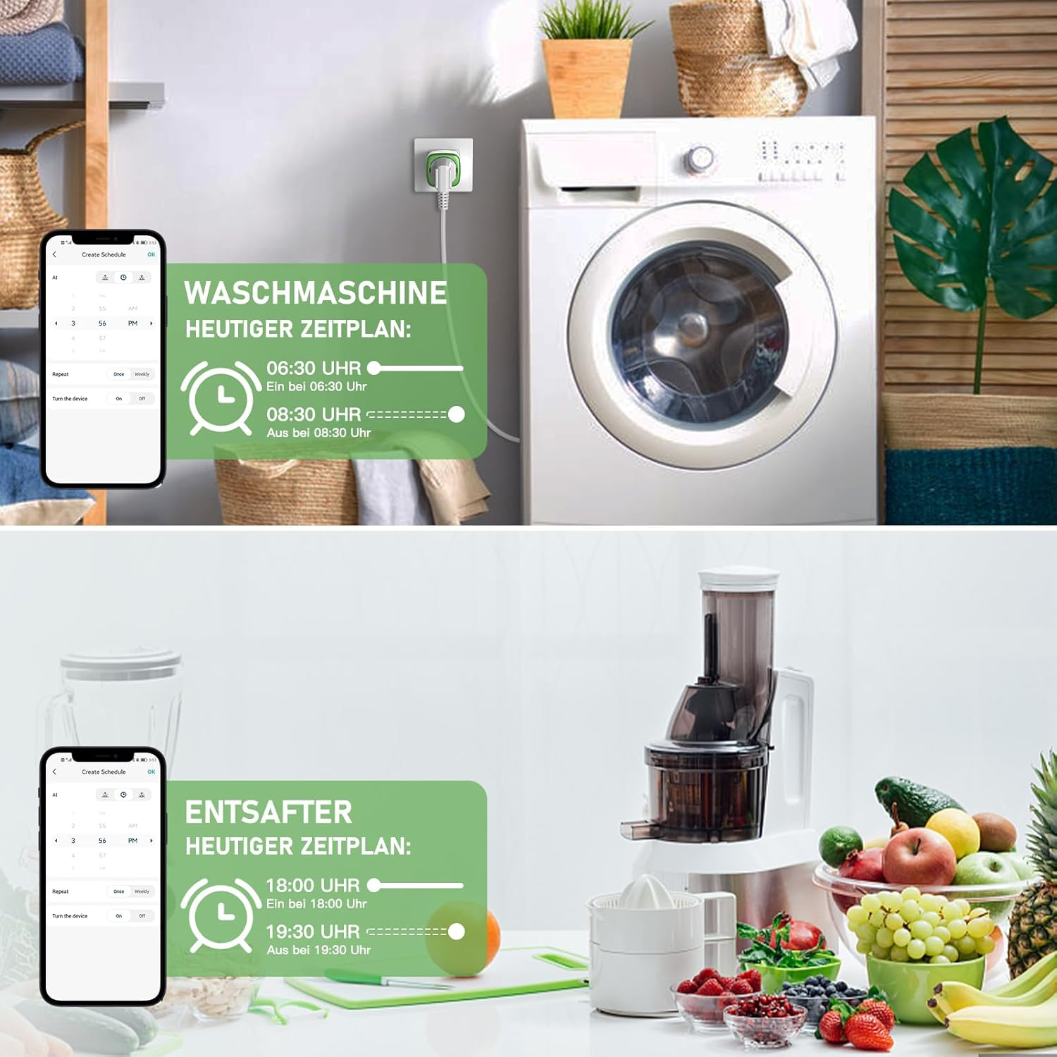 Eine Waschmaschine und ein Entsafter werden mit ihren Zeitplänen auf einem Smartphone präsentiert. Auch Früchte und eine Pflanze sind sichtbar.