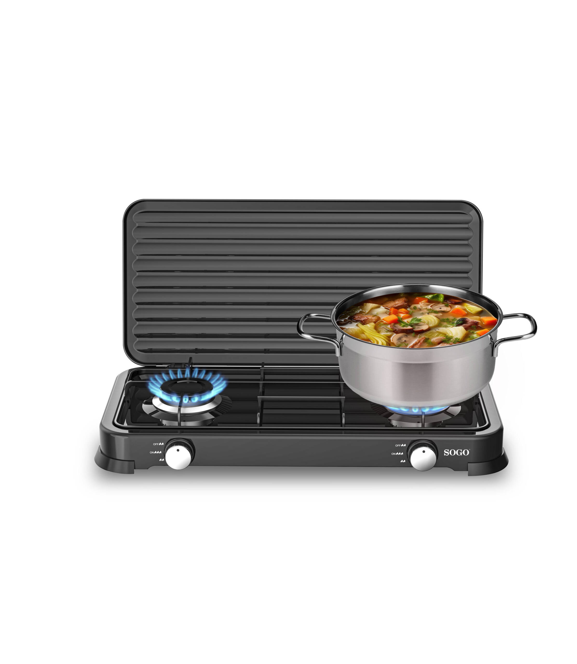 Un fornello portatile nero con una pentola di zuppa su un fornello e una griglia sull'altro. Fiamma blu.