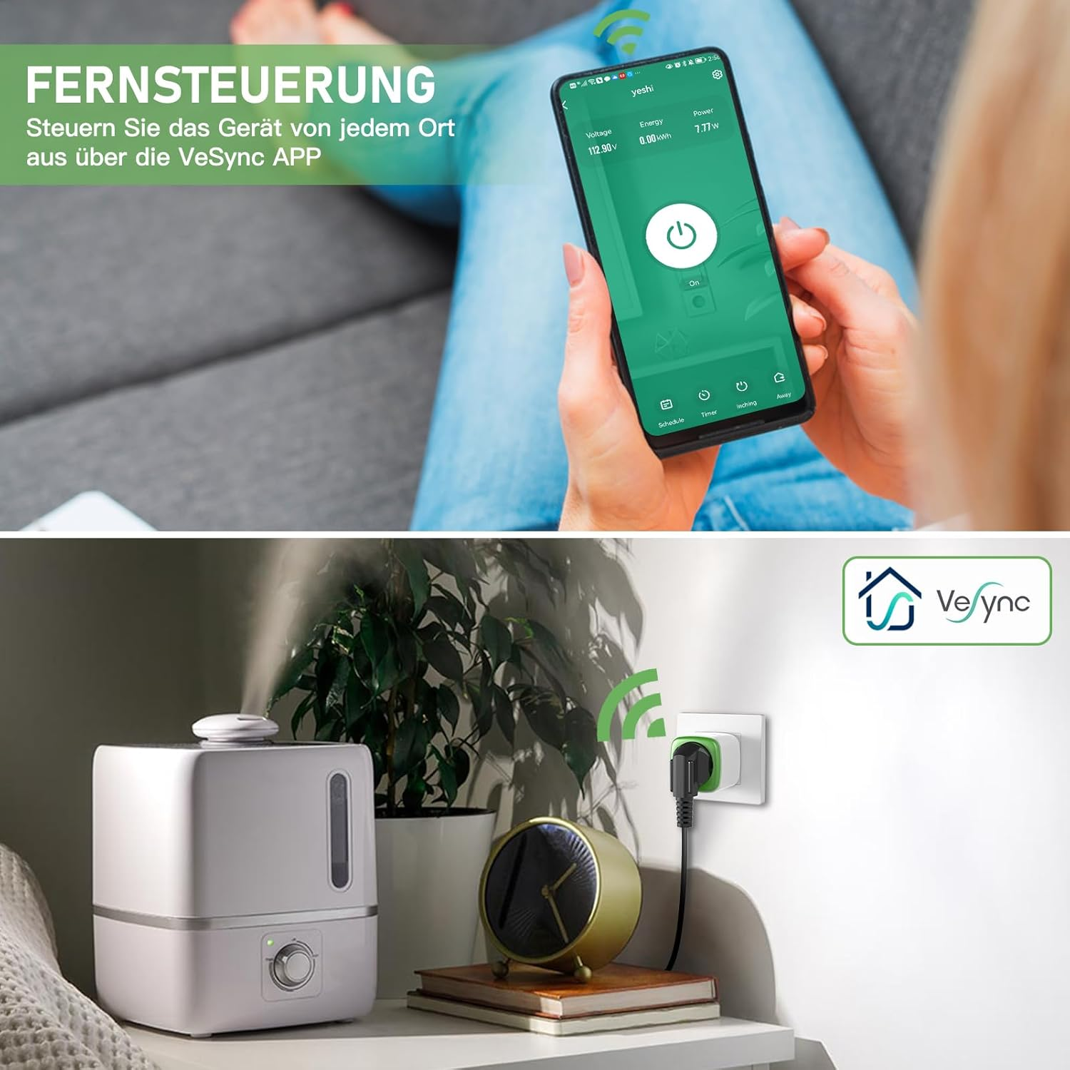 Eine Person steuert einen Smart-Stecker über eine Telefon-App. Ein Luftbefeuchter und eine Uhr stehen auf dem Nachttisch, der Stecker steckt in der Wand.